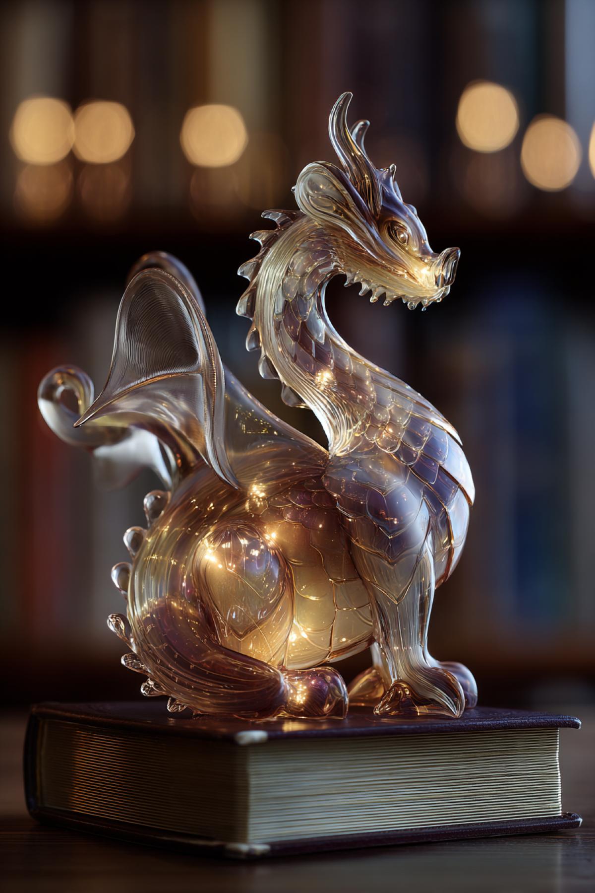 Graceful glass sculpture of a mythical dragon with an overflowing scales, wrapping an old leather binding book. The figure is highlighted from the inside with a soft golden light, creating the effect of the dragon breathing. Each glass scales reflects light in different ways, and tiny glare is visible on the surface of the book. It was shot on a 90mm f/2.8 macro lens with a double exposure a sharp focus on the dragons face and a soft blurry of the background with book shelves.