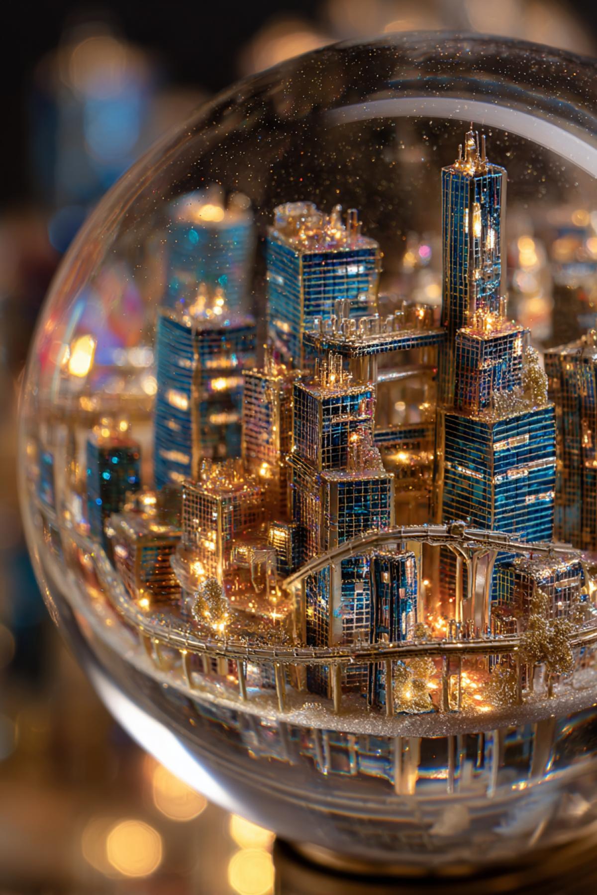 A miniature city from the finest glass inside the classic snowball is skyscrapers with luminous windows, bridges with openwork railings, tiny glass people in the streets. When shaking instead of snow, gold sparkles are lifted, illuminated by built-in LEDs. Macro photography from the outside of the ball, where all the details of the architecture and their distorted reflection in the glass sphere are visible. Color gamut: cold blue cities and warm gold snow.