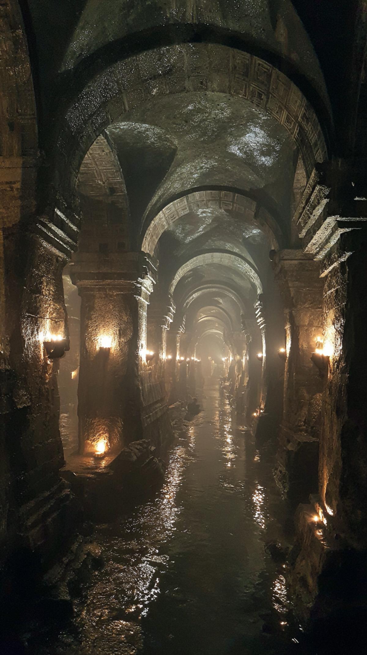 The Underground City. Imagine an ancient or futuristic city hidden in the bowels of the Earth. It is necessary to create an atmospheric scene: powerful stone arches and columns carved directly into the rocks; shimmering crystals or torches illuminating narrow streets and spacious halls; unusual transport routes suspended wagons, tunnels with trains or networks of rope bridges.