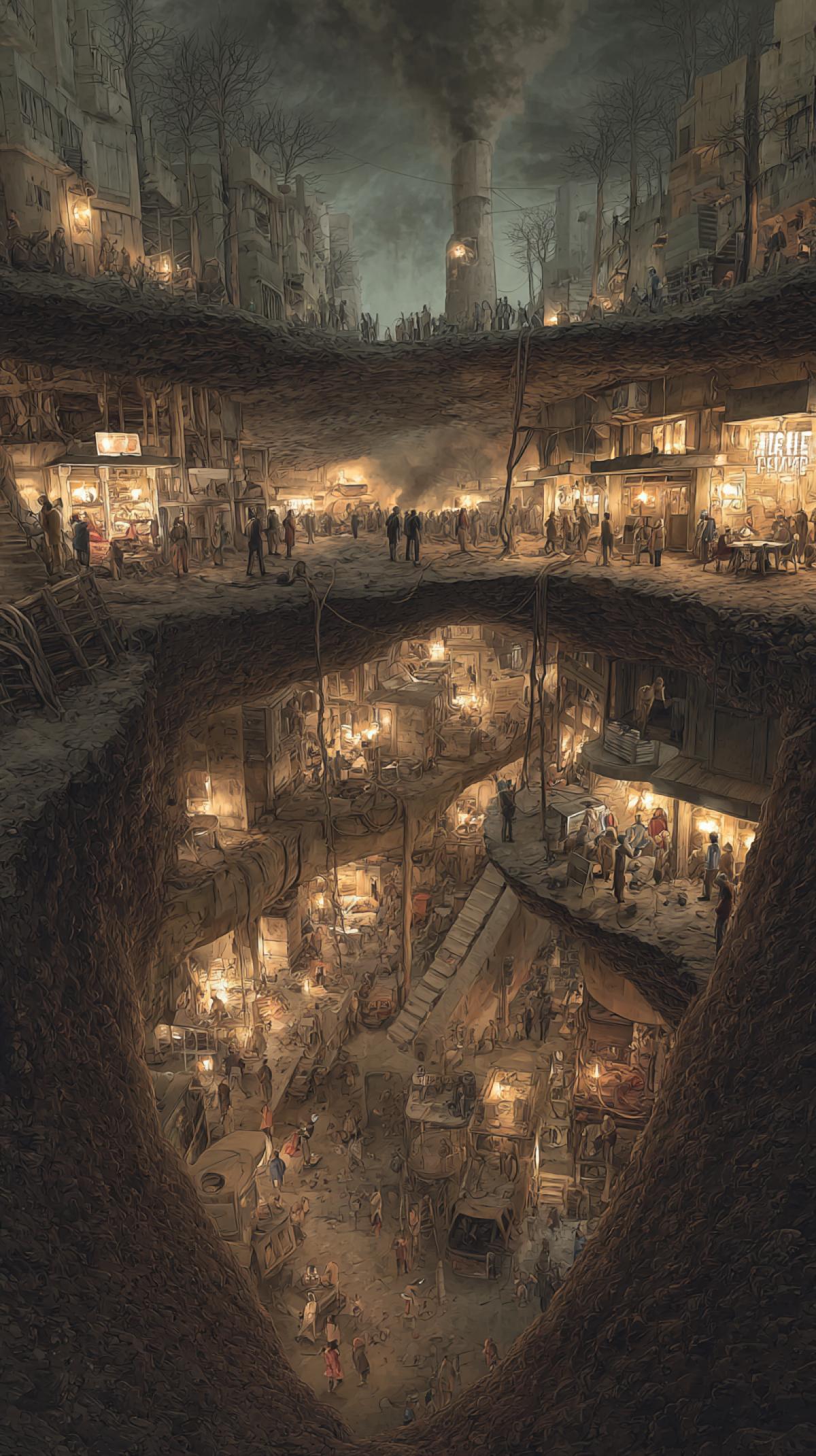 underground city, post-apocalyptic world, survival, fantasy, people living underground
