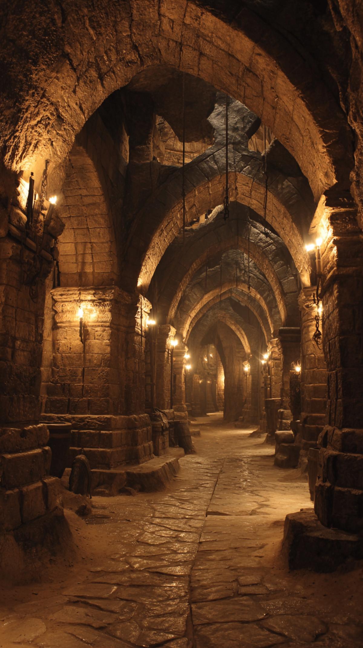 The Underground City. Imagine an ancient or futuristic city hidden in the bowels of the Earth. It is necessary to create an atmospheric scene: powerful stone arches and columns carved directly into the rocks; shimmering crystals or torches illuminating narrow streets and spacious halls; unusual transport routes suspended wagons, tunnels with trains or networks of rope bridges.