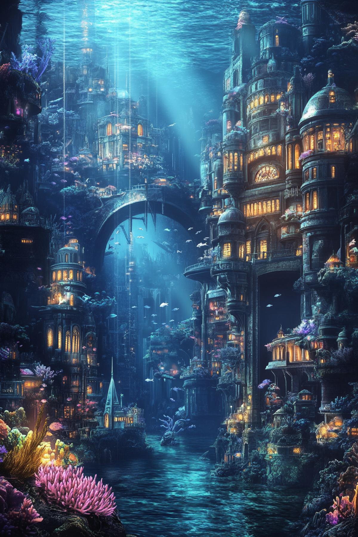 Underground city underwater, with corals and buildings