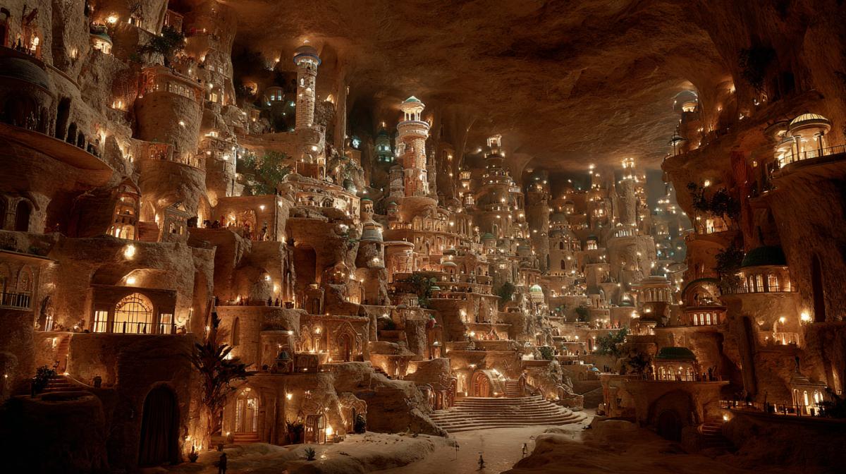 The underground city is a millionaire, houses from stalagmites and stalactites, transport, advertising lights