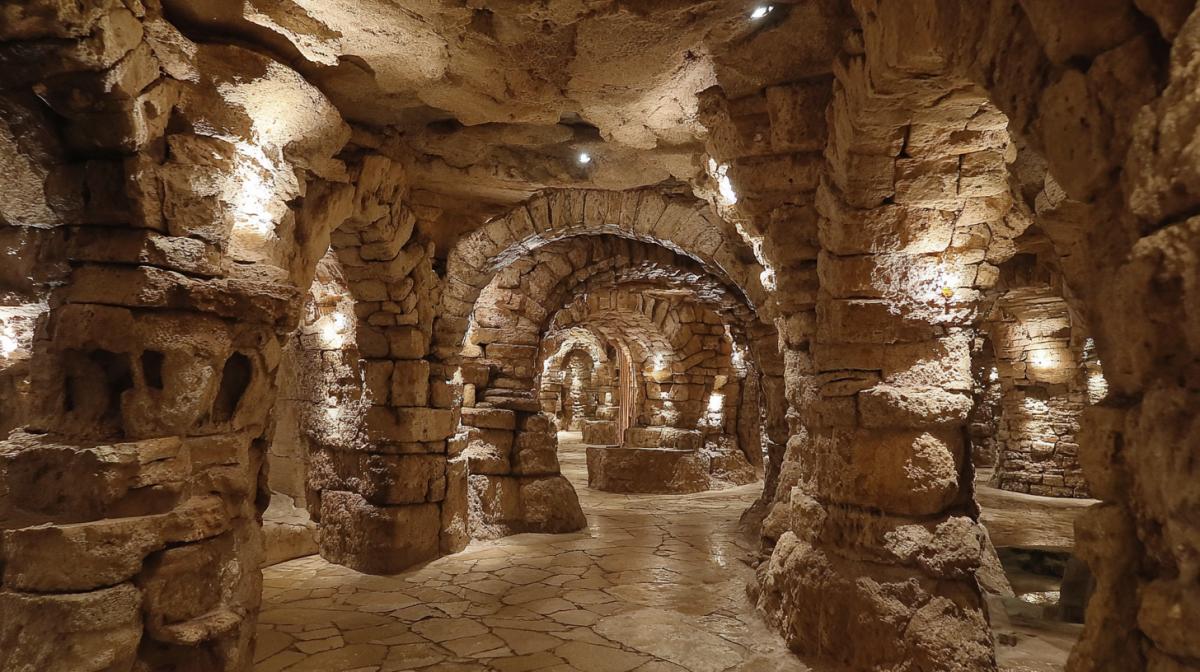 The underground city is a millionaire, arches of the arches, houses from stalagmites and stalactites, transport, advertising lights