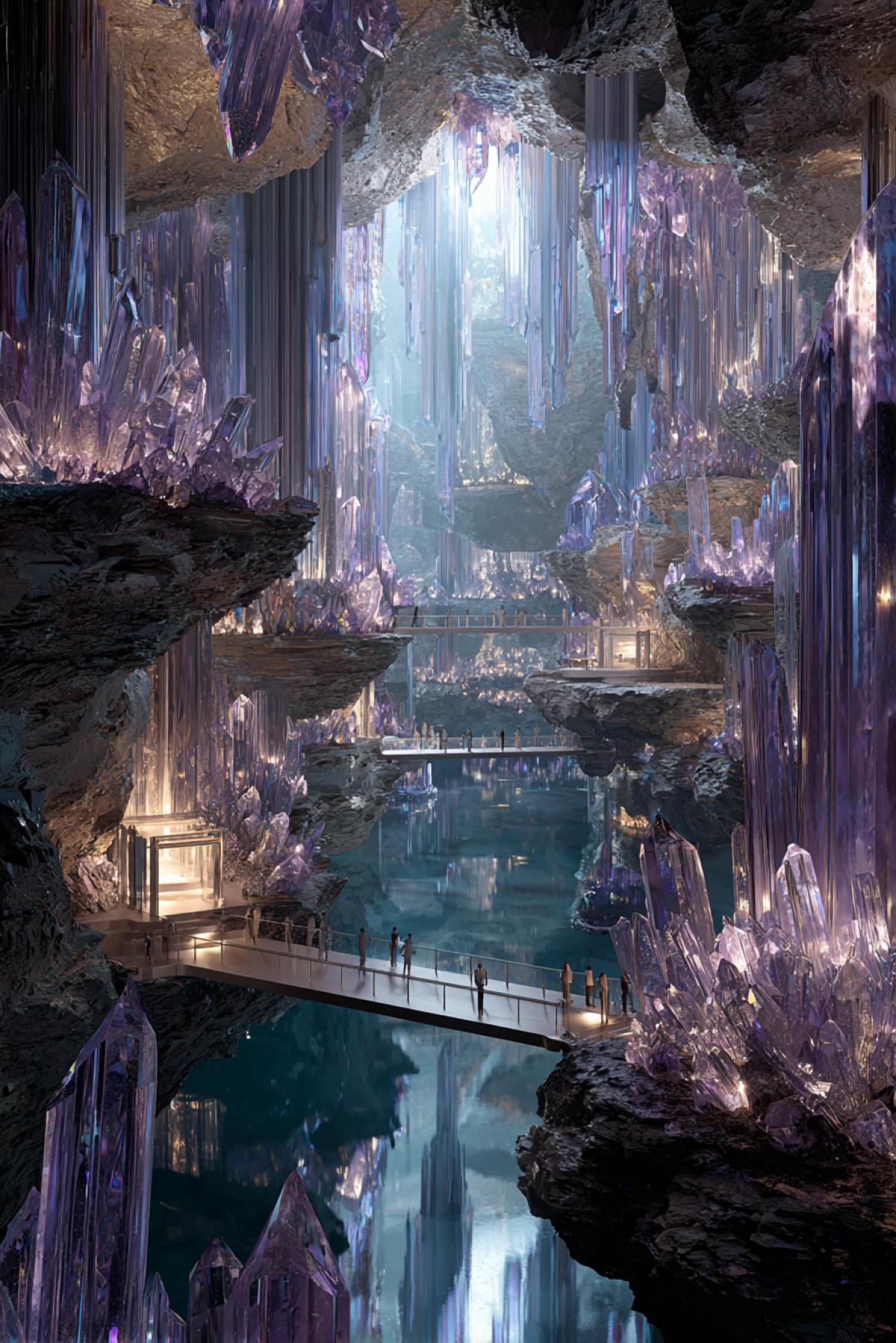 An extensive underground city carved in the big geodes of amethyst. Violet and blue crystals radiate a soft glow, illuminating hanging bridges between quartz spiers. Below are mirror lakes reflecting sparkling facades. Shah people in transparent spaces gather luminous stones. Style: Hyperrealism with elements of science fiction, 8k, HDR.