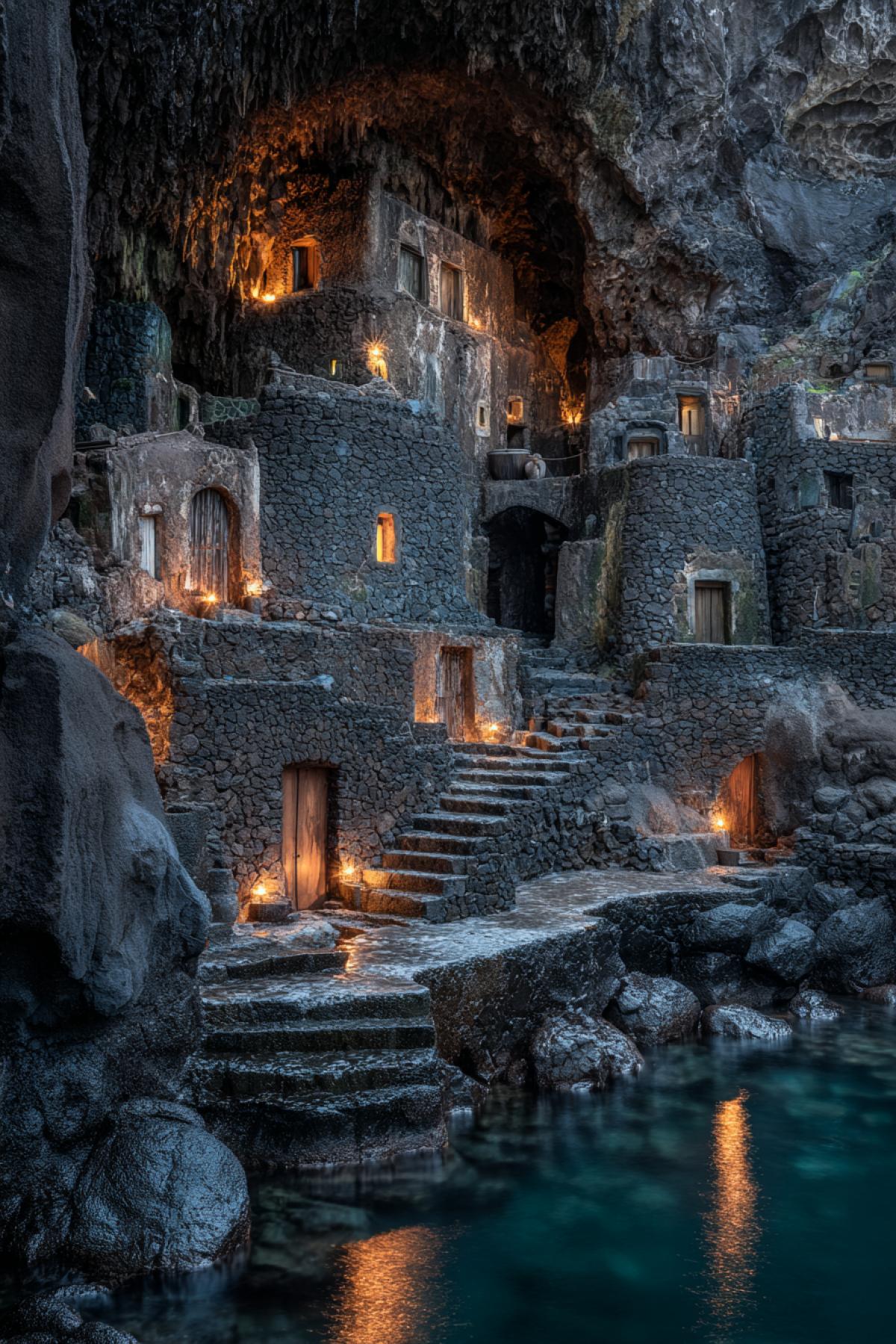 A network of big volcanic tunnels turned into channels. dark basalt houses with obsidian windows stand on the islands connected by bridges from frozen lava. Boats with magma lanterns glide through the channels. In the sky-the arch of the cave with hanging stalactites-lusters. Filmed on Sony A7S III in a low light, the atmosphere of mysterious realism.