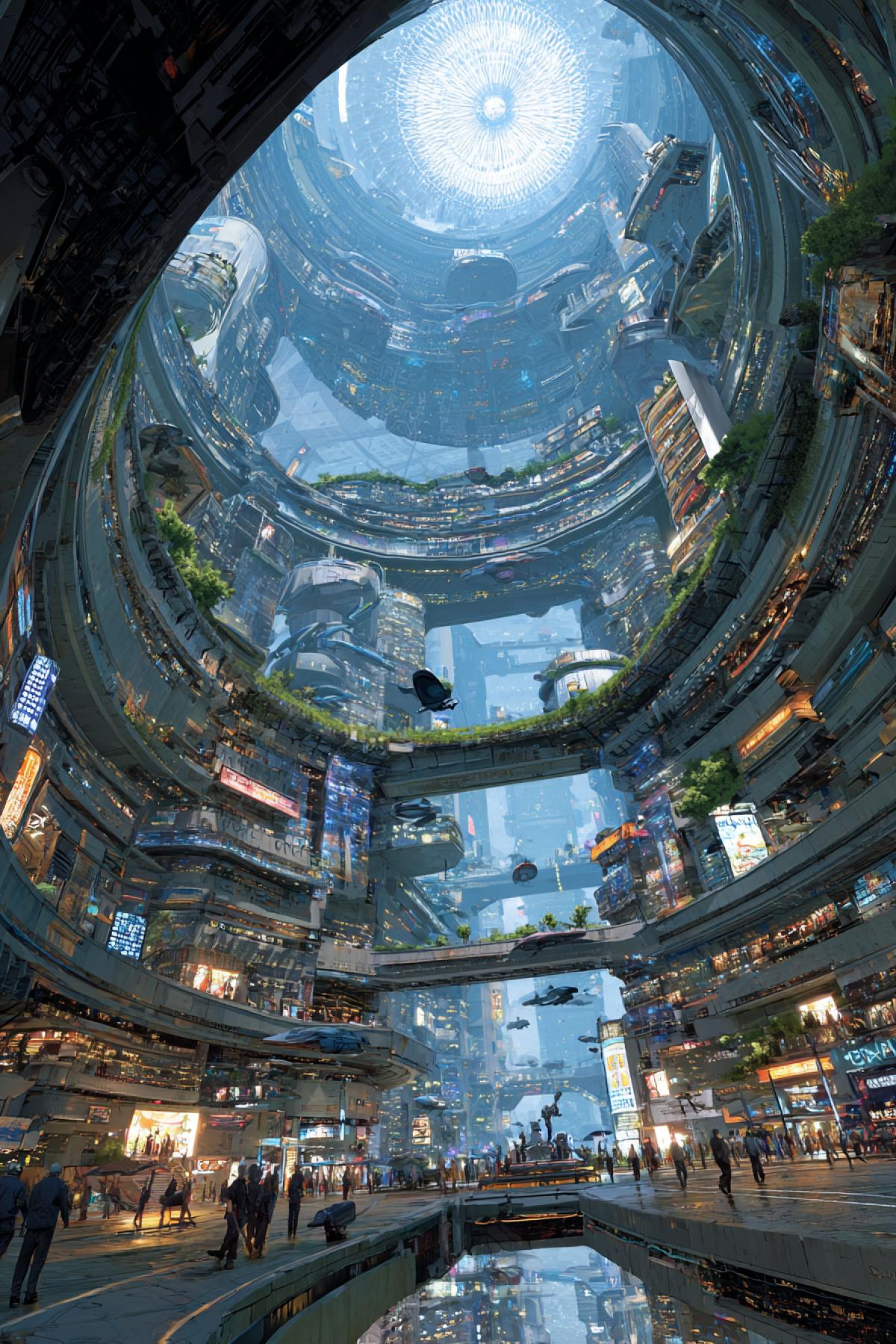 Round underground megalopolis with a diameter of 5 km under a dome of artificial sky. Modern architecture with vertical gardens, neon signs and flying cars. In the center is a big sun (a thermonuclear reactor in the glass sphere). People in cyber-deeds walk along multi-level squares. Style: Cyberpank-Realism, detail as in the Running Blade 2049 .
