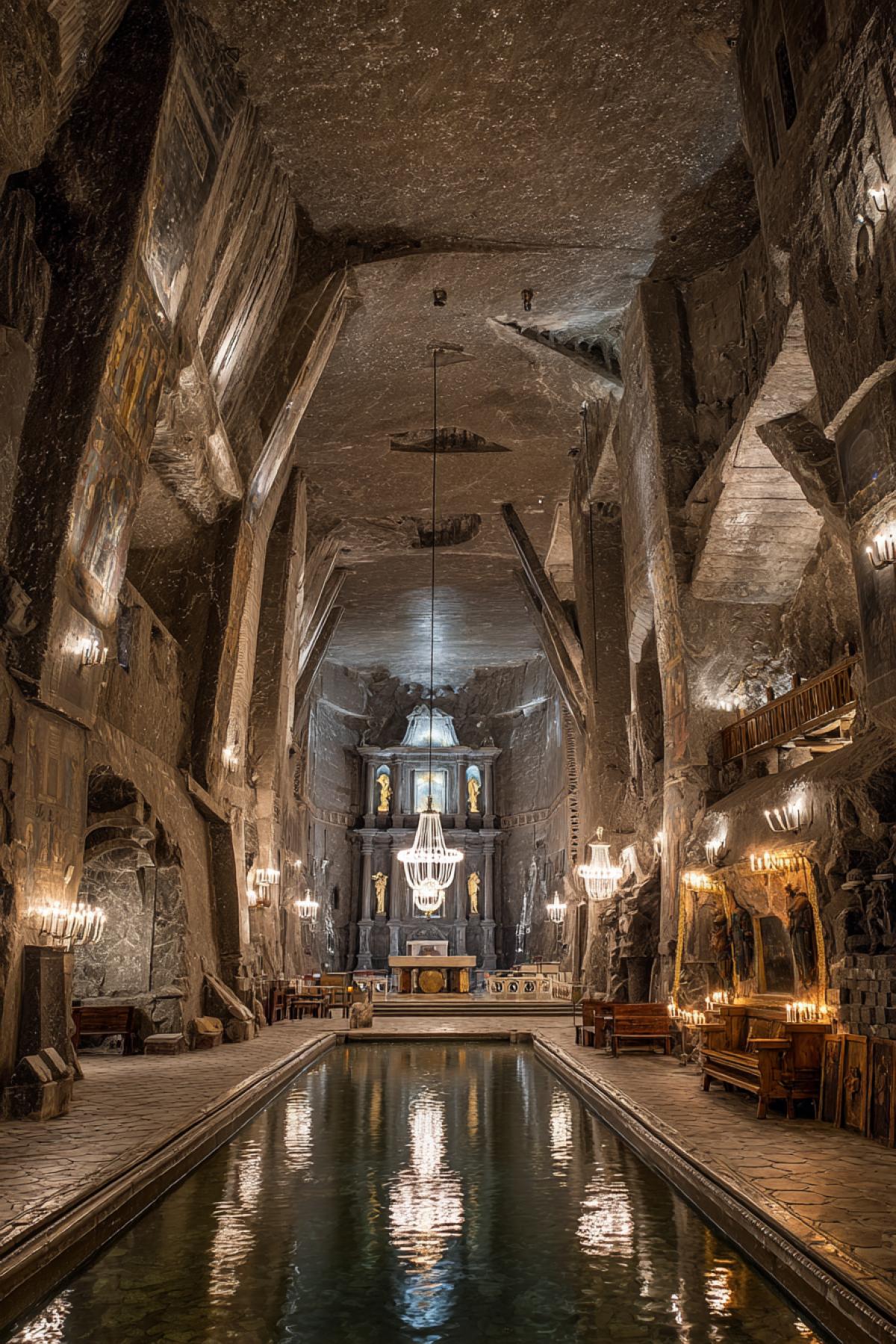 A big underground Gothic cathedral, completely carved in salt mountain. Archic arches of 200 meters high are covered with ancient frescoes from mineral dust. Instead of stainedglass windows natural crystalline formations that pass refracted light from the surface. Thousands of candles in iron candelabra cover the procession of wrapped figures in dark clothes. In the center is the manmade lake of mercury, reflecting the inverted cathedral. Filmed on Hasselblad H6D-400C with 30-second exposure, ISO 800. Style: mystical hyperrealism.