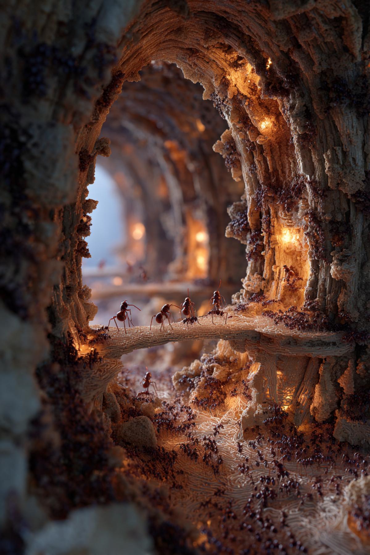 Ant colony as a magnificent subterranean metropolis. Miniature human perspective: towering arches of packed earth and resin, cavernous chambers lit by glowing larvae, intricate highways of worker ants. Hyper-realistic, detailed textures, sense of immense scale and intelligent design. Fantasy cityscape, underground wonder, cinematic lighting.