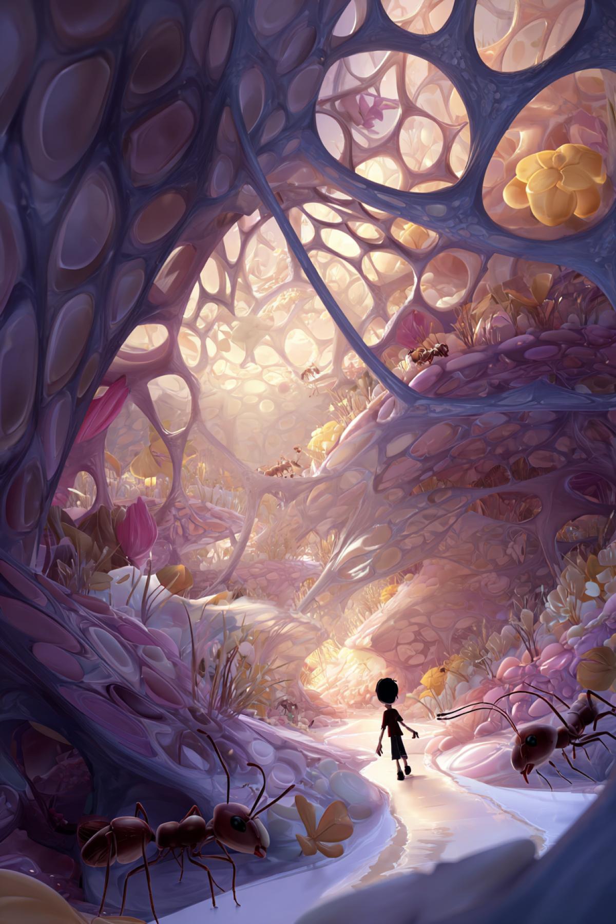 Surreal wonderland: A shrunken human walks through a colossal, dreamlike ant hill interior. Impossible architecture: honeycomb vaults, bridges of leaves and silk, rivers of glowing nectar. big friendly ants going about their business. Whimsical, ethereal, soft focus background, vibrant colors, fantasy illustration style.