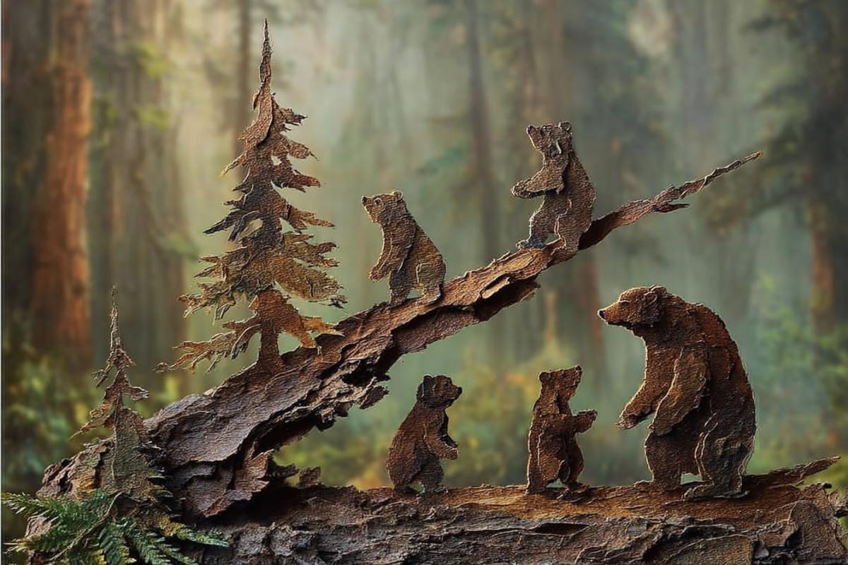 morning in pinetree wood with bears family on broken tree trunk all made of cutoff paper in style of scrapbooking and paper arts and crafts primitive childish style
