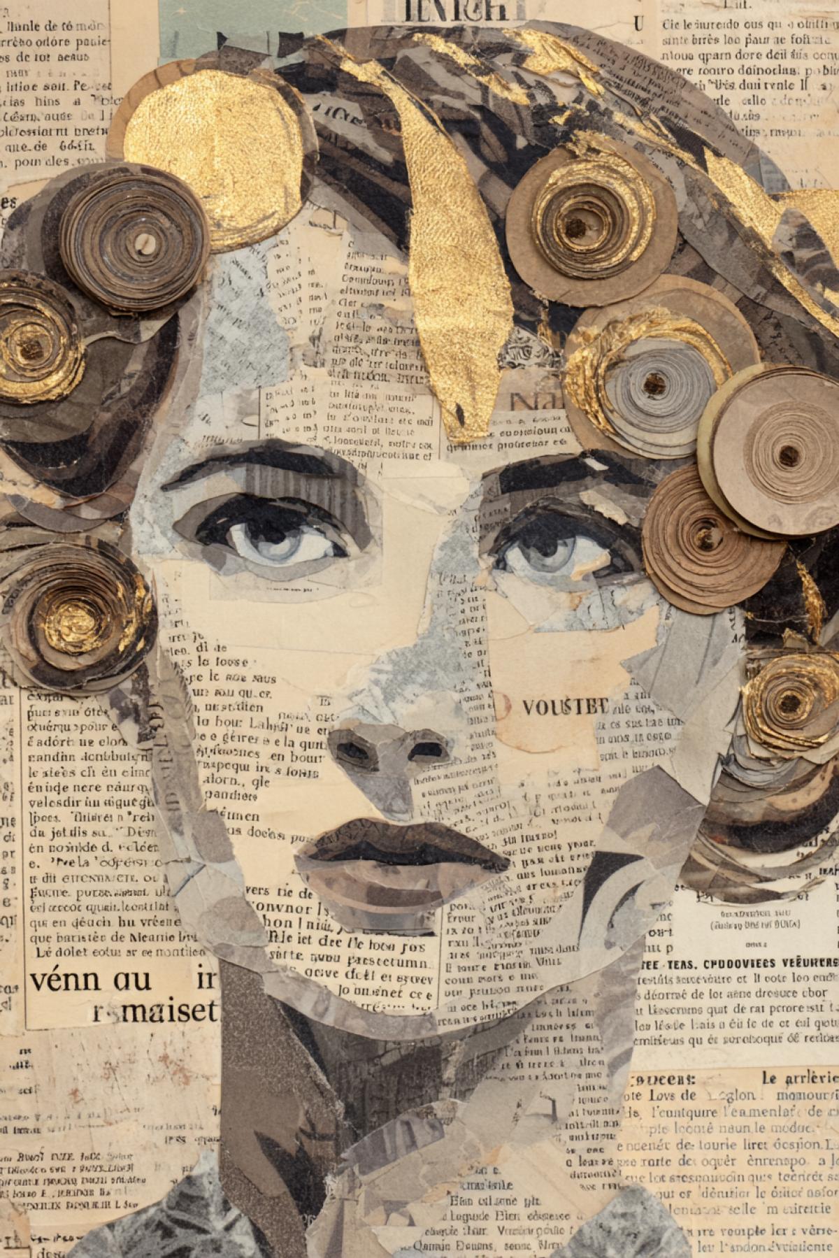 \"The picture is a female person collected from the petals of old watercolor cards. Eyes are cut out circles with a texture of marble, hair curls made of Japanese paper with golden streaks. Von a battered book sheet with visible letters. Style: vintage collage, museum quality.\" \"
