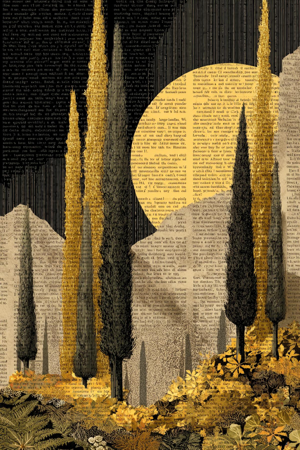 Picture Dark Forest, cut out of yellowed pages of antique books. Trees vertical lines of the text, leaves blots and notes in the fields. The moon is a round hole through which a golden background is visible. Style: Literary collage, magic of old books.