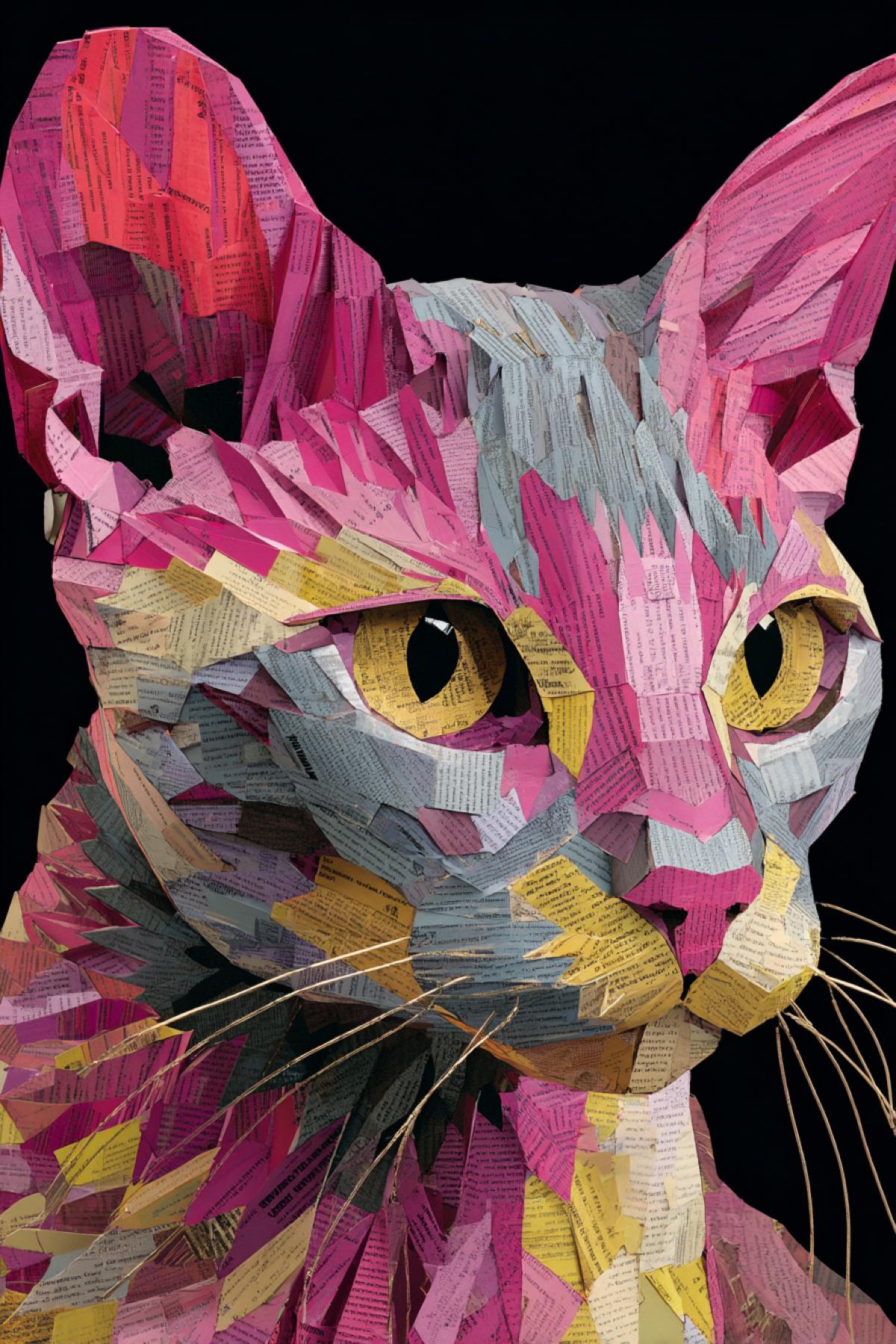 Portrait of a cat of 1000 pieces of colored paper: ears pink pages of a diary, mustache thin strips of dark cardboard. Eyes are cut out of gold foil. Style: Geometric pop art.