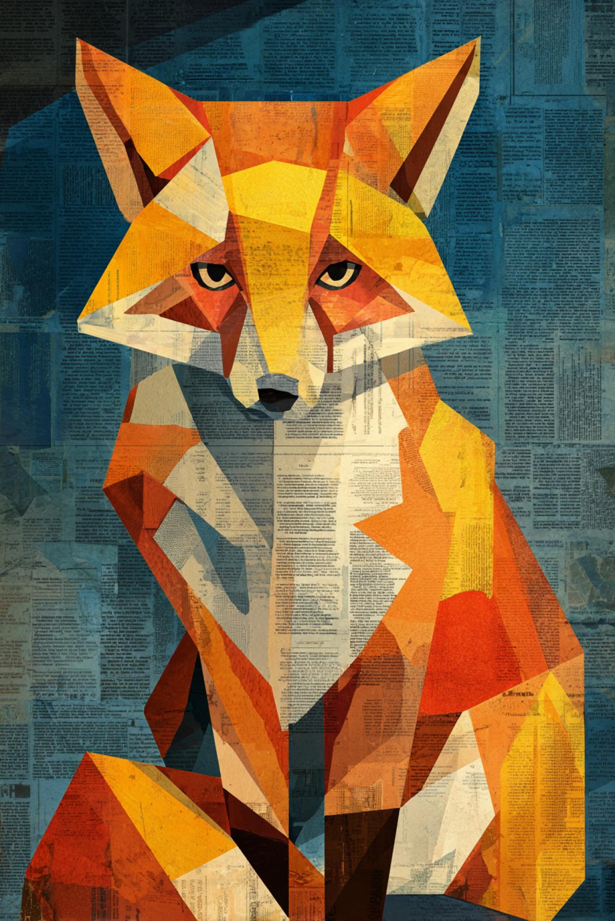 A flat picture in the style of a modernist collage: the fox is com4kd of triangles and rhombuses of bright orange, white and dark paper. Eyes are two mirror circles, the background is a gradient of blue newspaper clippings. Clear shadows under each element create a pseudo-volume. Style: Bauhaus Meets Design illustration.