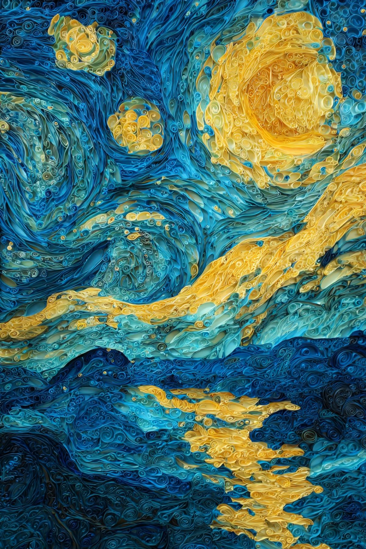 Reconstruction of the famous painting by Van Gogh, completely made of pieces of colored paper. Grape curls of the sky are blue and yellow stripes with uneven edges, stars pierced with a needle of holes with backlight. The texture is visible even in smears of oil. Filmed at an angle, imitating museum glass.