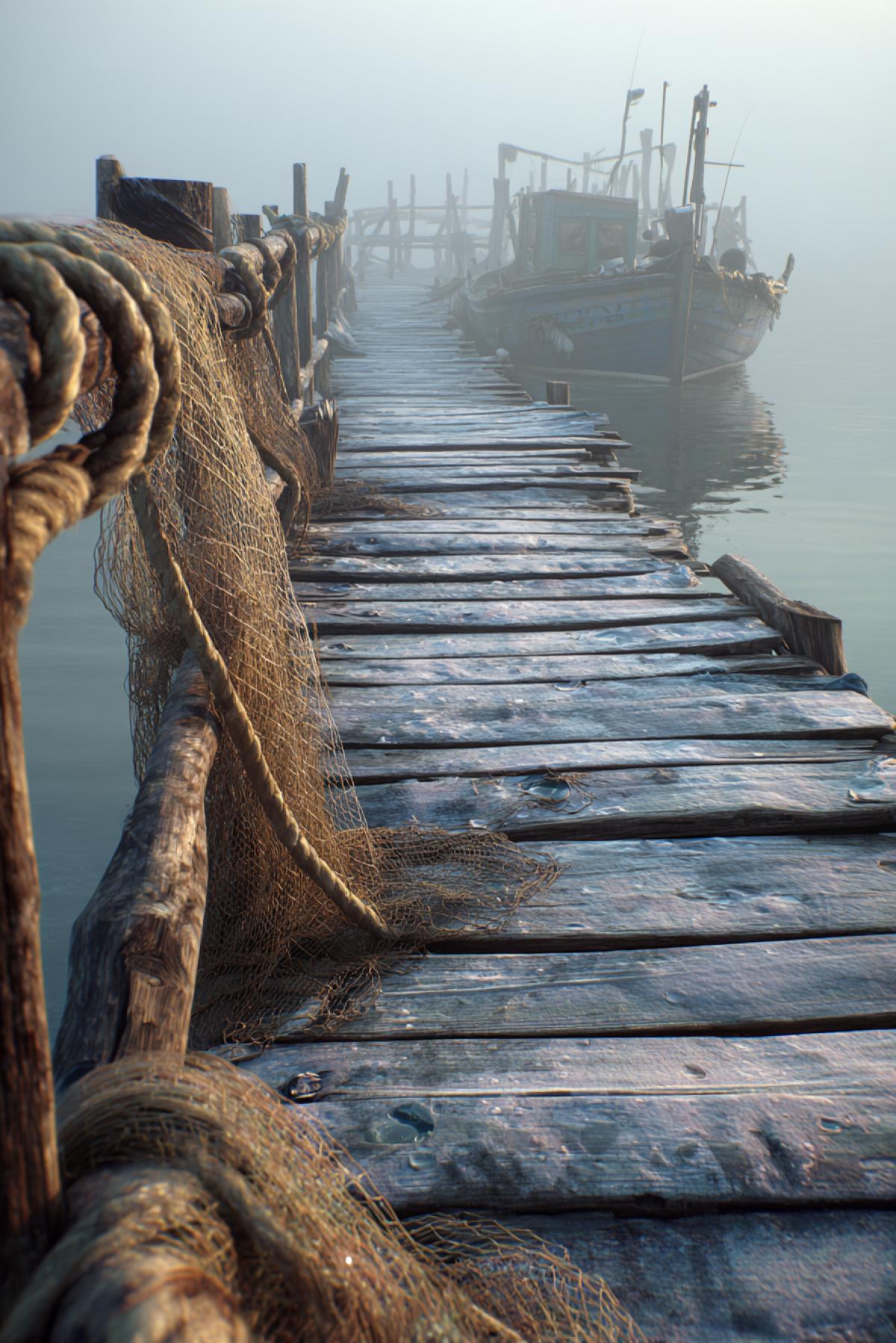 The dawn fog over the quiet bay, the ancient boards of the pier, covered with a layer of hoarfrost, which go into the milk haze. On the water a reflection of a fishing boat with tattered nets. Drops of dew on ropes. Style: photorealism, cold color scheme (blue, gray, beige), atmospheric haze.
