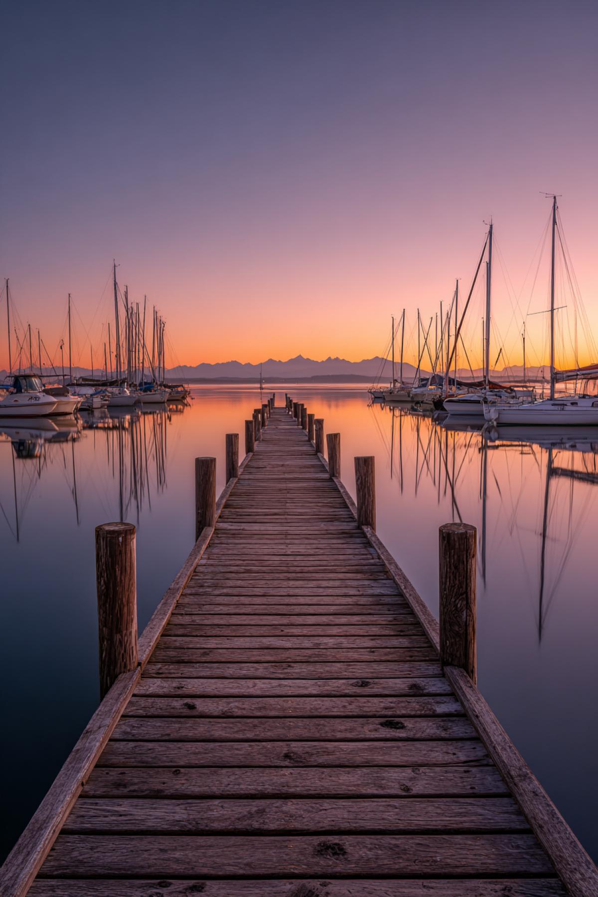 The silk reflections of the yachts in calm water, the old wooden pier stretches to the horizon, where the sunset sun dissolves in peach and lavender tones. In the foreground is a pair of swans, leaving double traces on the mirror surface. Each floorboard is highlighted with warm light, the ropes of fishing nets form elegant patterns. It was shot on a mediumformat camera with a polarization filter, the depth of sharpness emphasizes the texture of the bleached tree. Style: exalted realism, atmosphere of absolute peace.