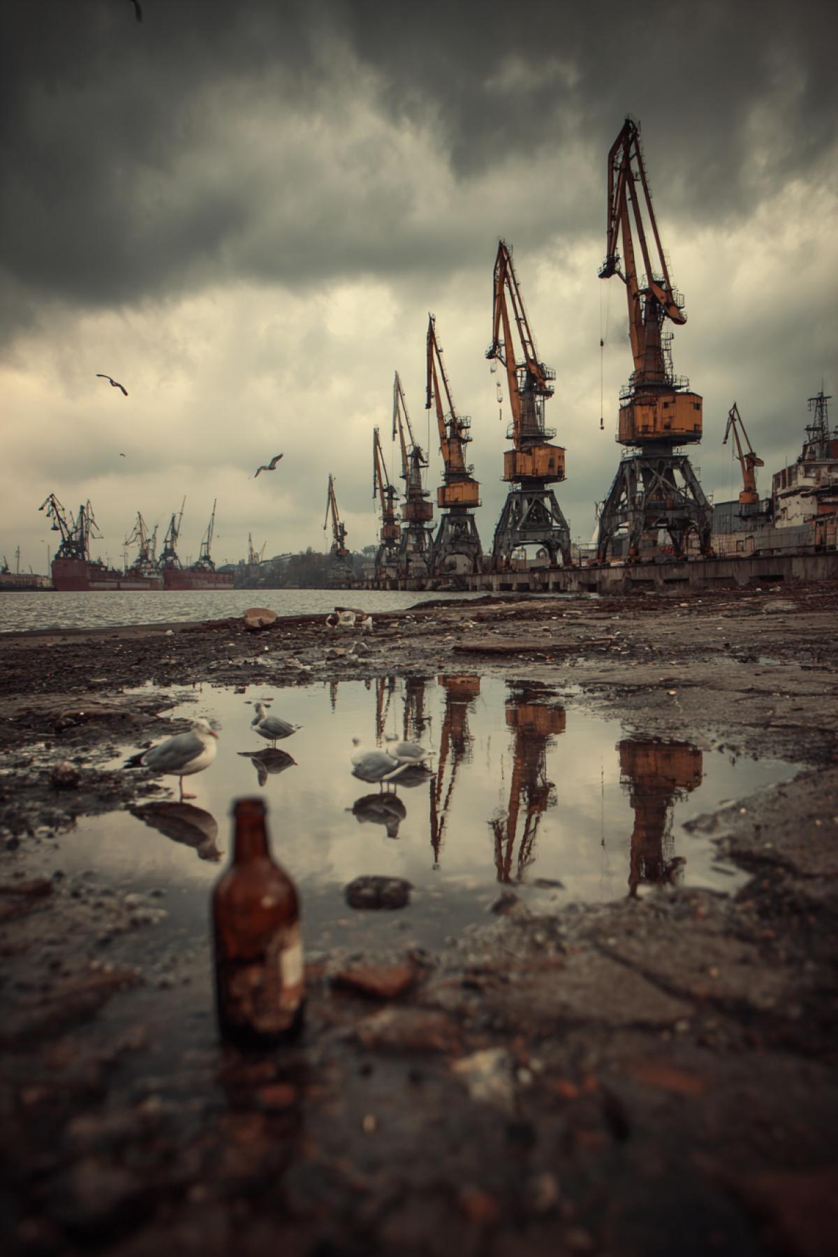 Rusty cranes and dilapidated concrete structures near the water, between them are puddles with a reflecting thundercloud. In the foreground is a broken bottle and a seagull. Style: post-apocalyptic realism, gloomy color scheme (ocher, gray, dark blue).
