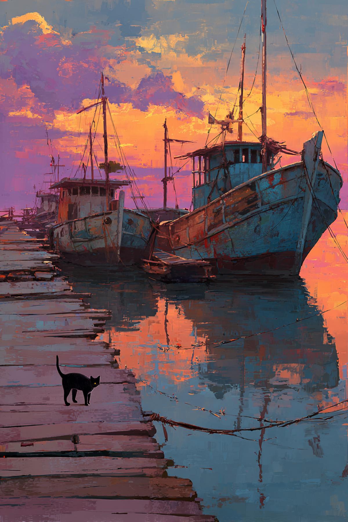 The old faded boats at the wooden pier, the sunset sun stains them in gold and purple. Water is mirrored, with light ripples. In the foreground is a cat walking on the boards. Style: warm photorealism, depth of sharpness on the details (ropes, Peeling Paint).