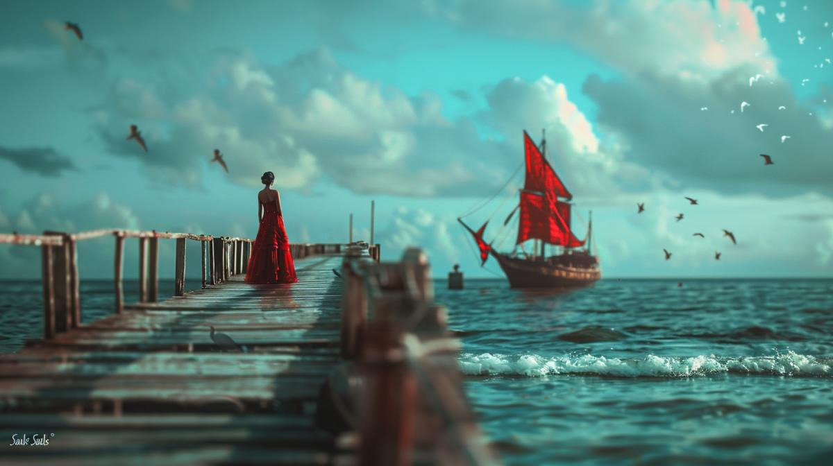The pier by the sea. On the pier stands Assol in a red dress. In the distance a sailboat with red sails. Based on the novel \"Scarlet Sails\" Green. Spectacular, kinematographic, highquality photo