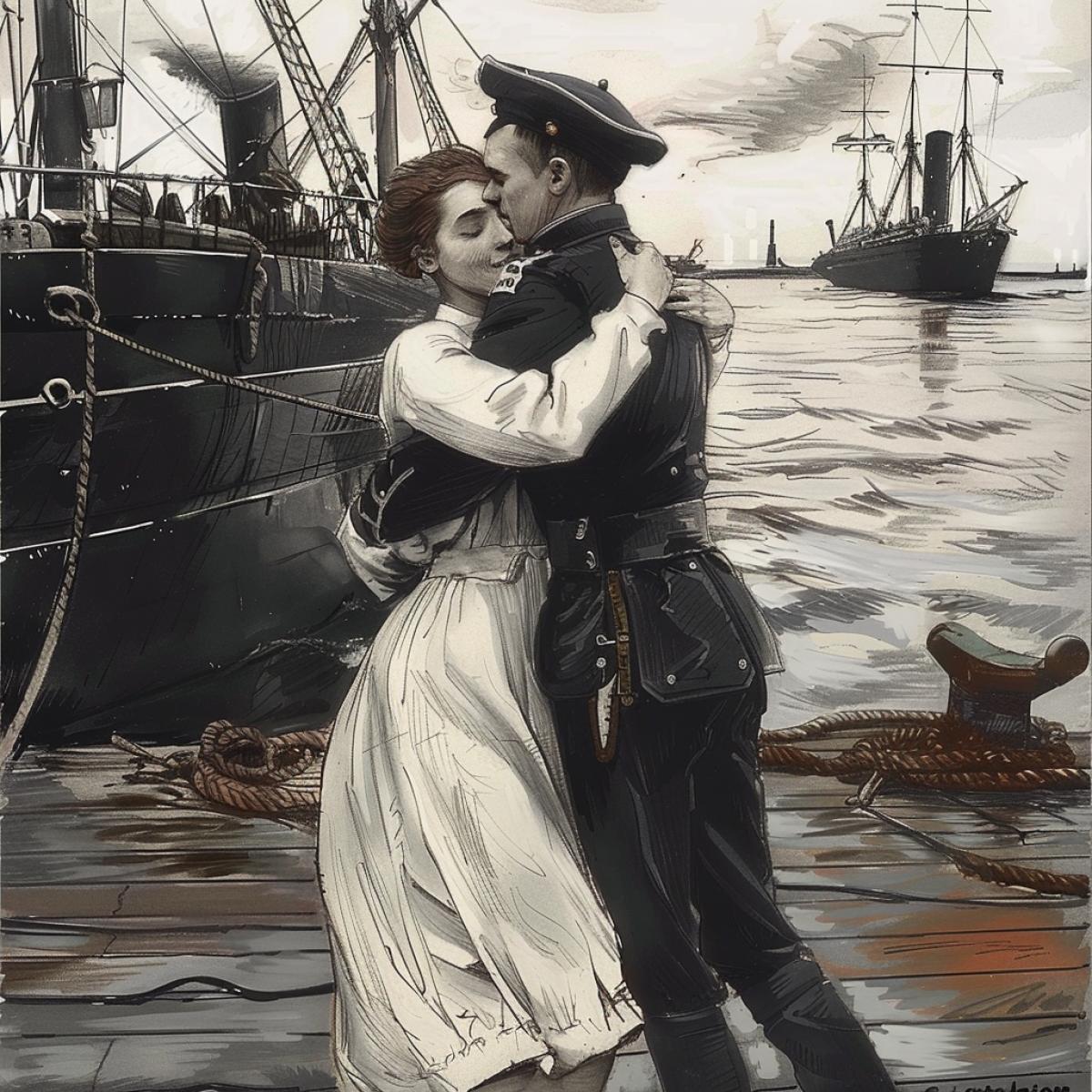 The girl hug with the sailor at the pier, say goodbye, emotionally. Against the background of the sea and the ship. 19th century. Kinematographic