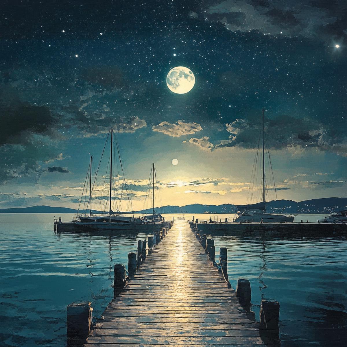 A pier for yachts at night. The moon and stars in the sky are reflected from the water. Style Realism
