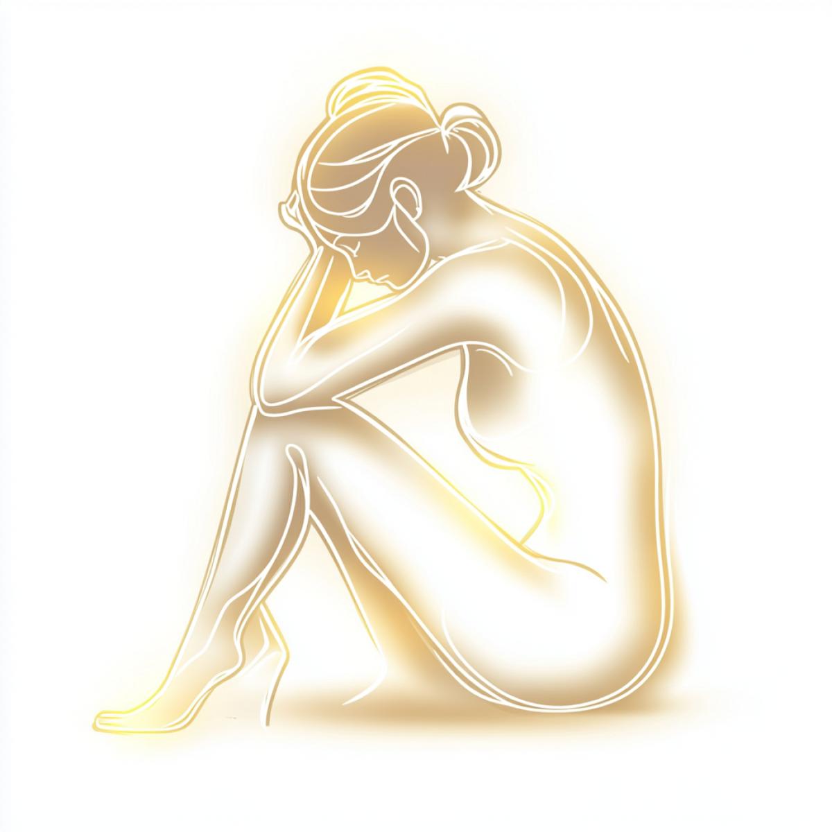 On a white background, one line of an empty neon contour of the silhouette, a figure from the head to the heels of a beautiful girl Side View, naiv, primitive, contour graphics, Line Art, Icon, UI Design, abstraction, surrealism, vector graphics, Line art, dusty emerald, golden, white