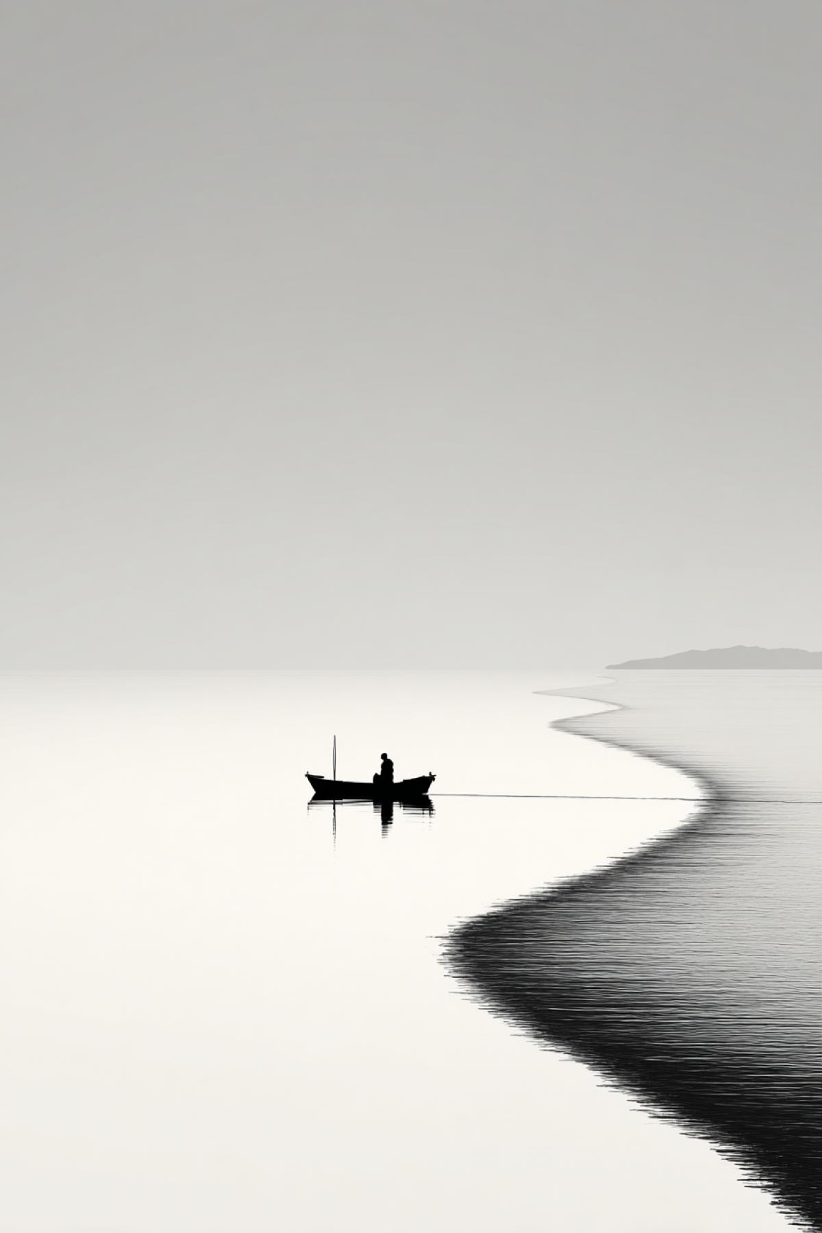 The dark silhouette of a fishing boat in the center of the White Leaf, under it is the only wavy line denoting water. Neither shadows nor details are only contrast and emptiness. Style: monochrome minimalism, Japanese aesthetics of vabi-sabi, manual graphics in mascara.