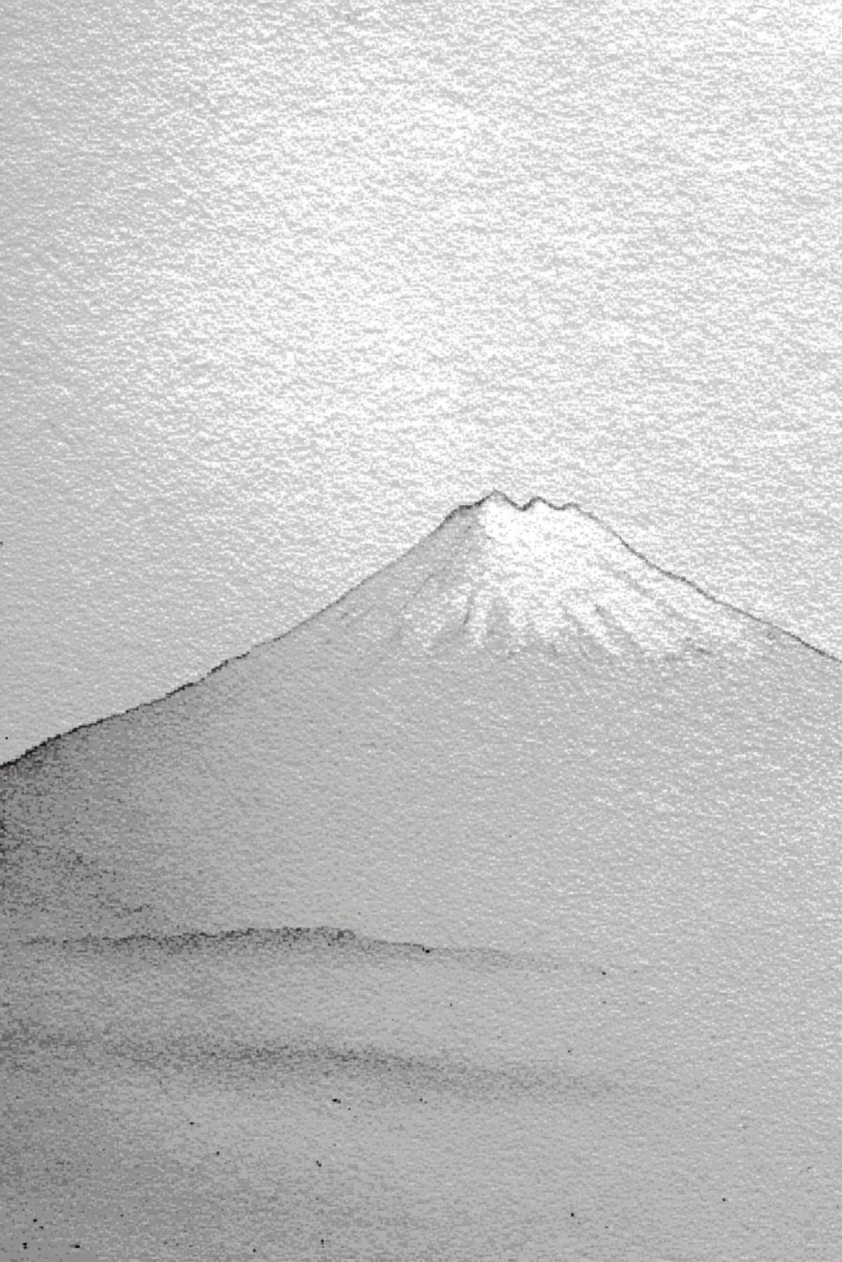 Three continuous lines of different thicknesses: thin (sky), middle (horizon), fat (Mount Fuji). No colors only shades of gray. Paper with a slight texture, visible traces of the brush. Style: Zen graphics, meditative simplicity.