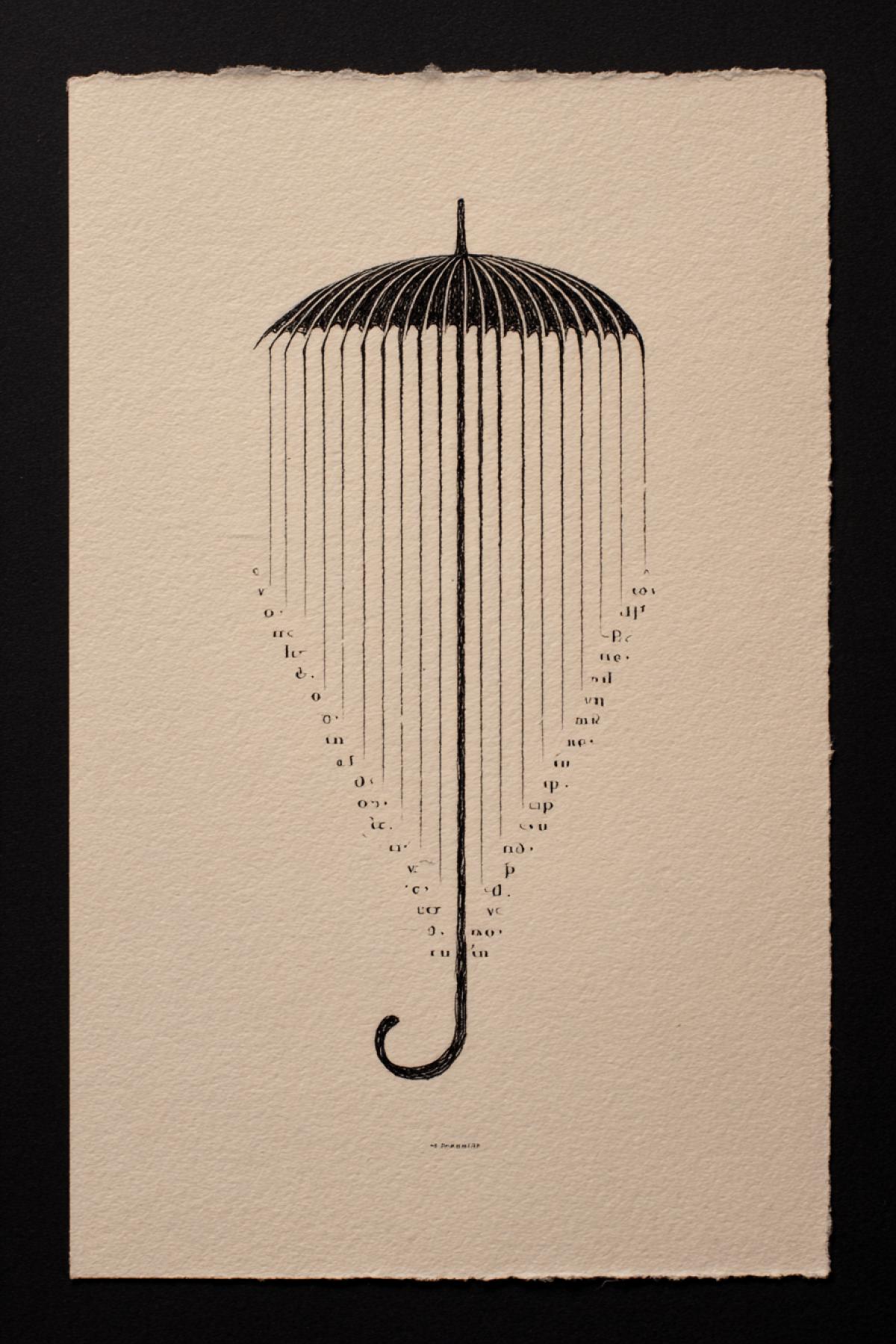 20 parallel vertical lines of different lengths (from 1 to 5 cm) on cream paper. Below is a luxuryly noticeable arc (umbrella?). Style: typographic minimalism, manual calligraphy in mascara.