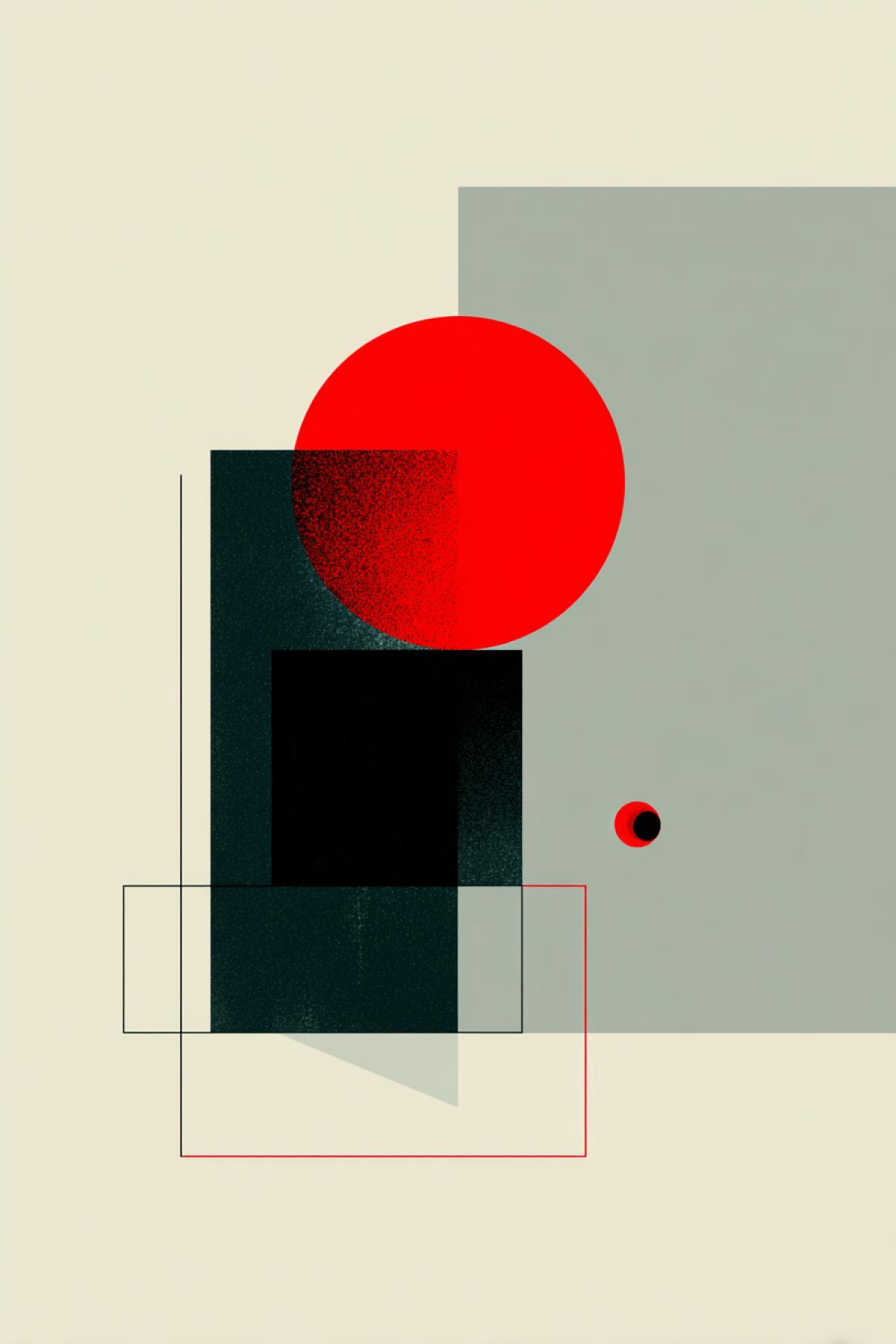 An ideal red circle in the upper left corner, the dark point in the lower right. The empty space becomes part of the plot. Style: geometric minimalism, reference to Suprematism, digital vector.