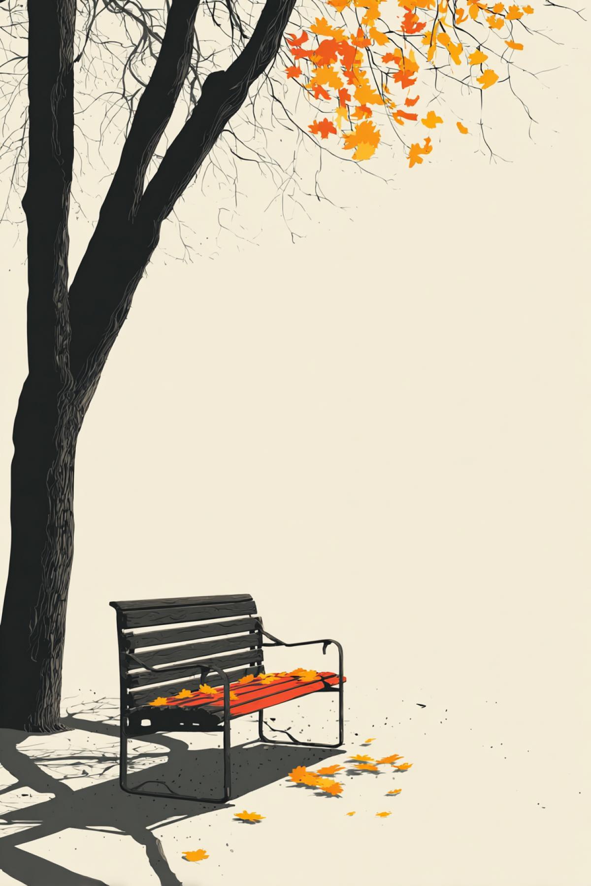 The dark silhouette of a wooden bench in an empty park, under it three fallen sheets (yellow, orange, red). White background, only a shadow from a bench with a thin gray line. Style: flat vector, autumn minimalism.