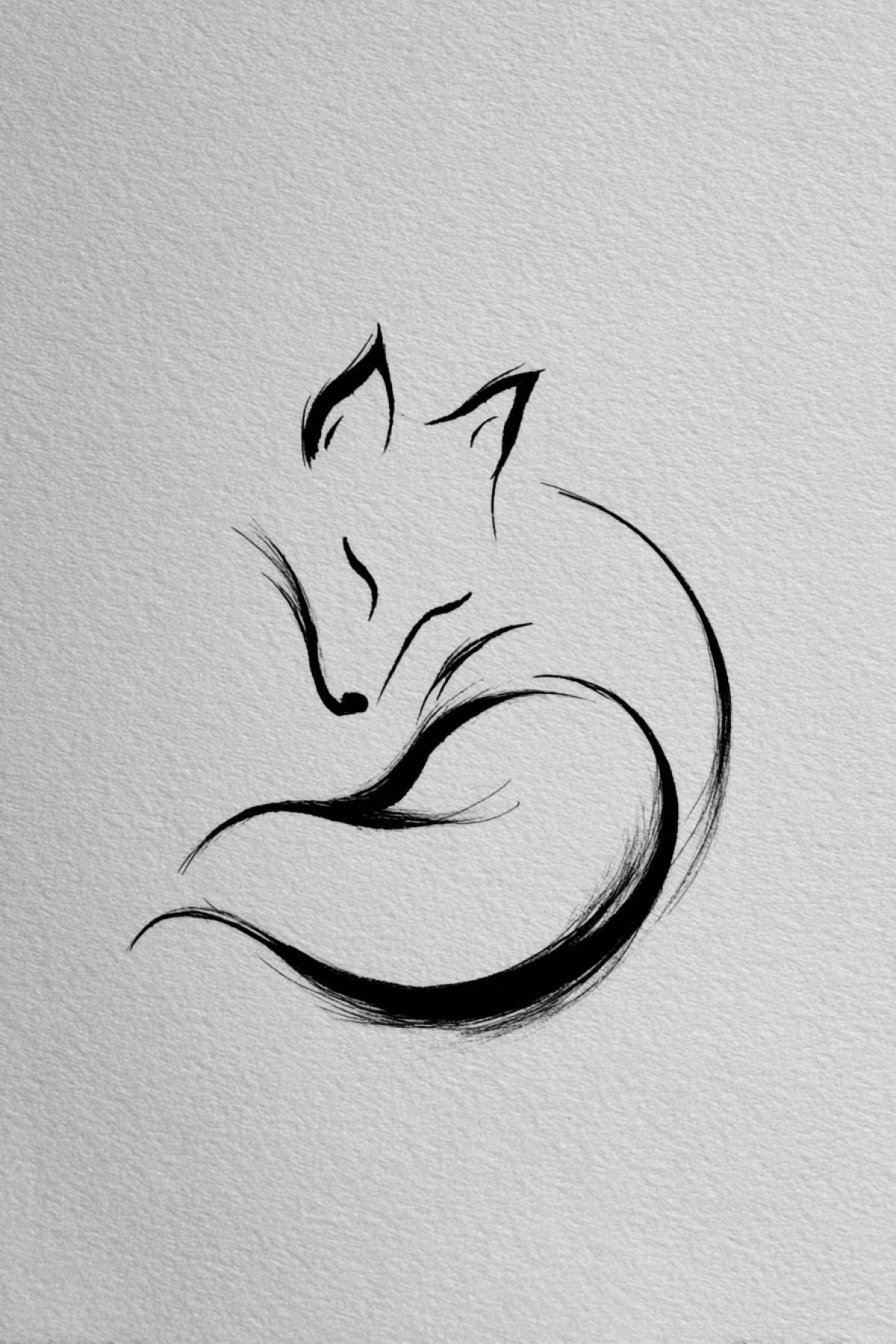 One smooth contour of the fox curled up in the ring. Eye a closed dash, nose point. Neither paws nor wool are only a silhouette and a light shadow under the . Style: dark line on cream paper, the thickness of the stroke varies (0.5–1.5 mm).