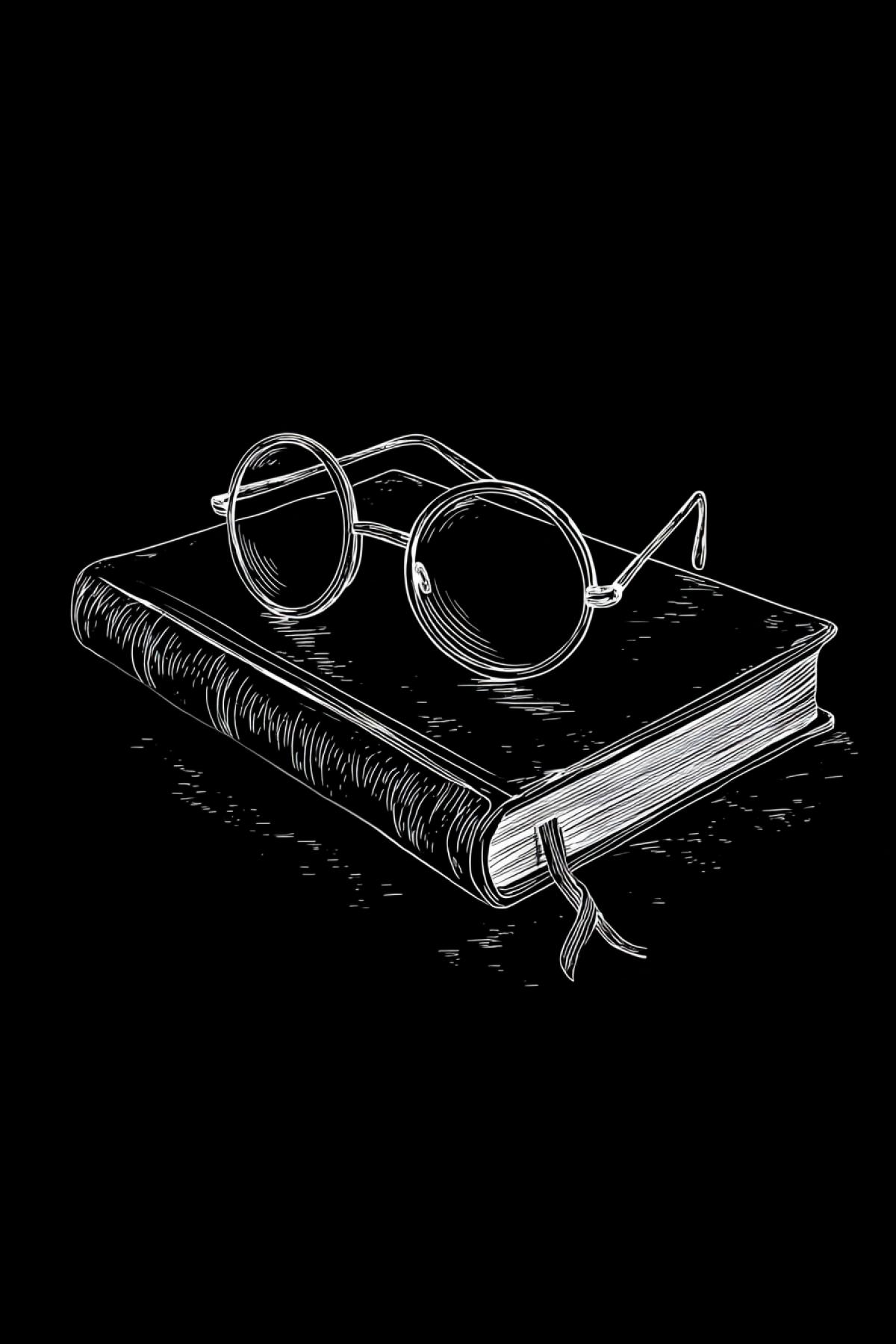 Two items: a closed book (rectangle + spine) and round glasses on top of it. Neither pages nor frames are only external contours. Style: thin dark line (0.3mm), luxuryly noticeable irregularities as a manual sketch.