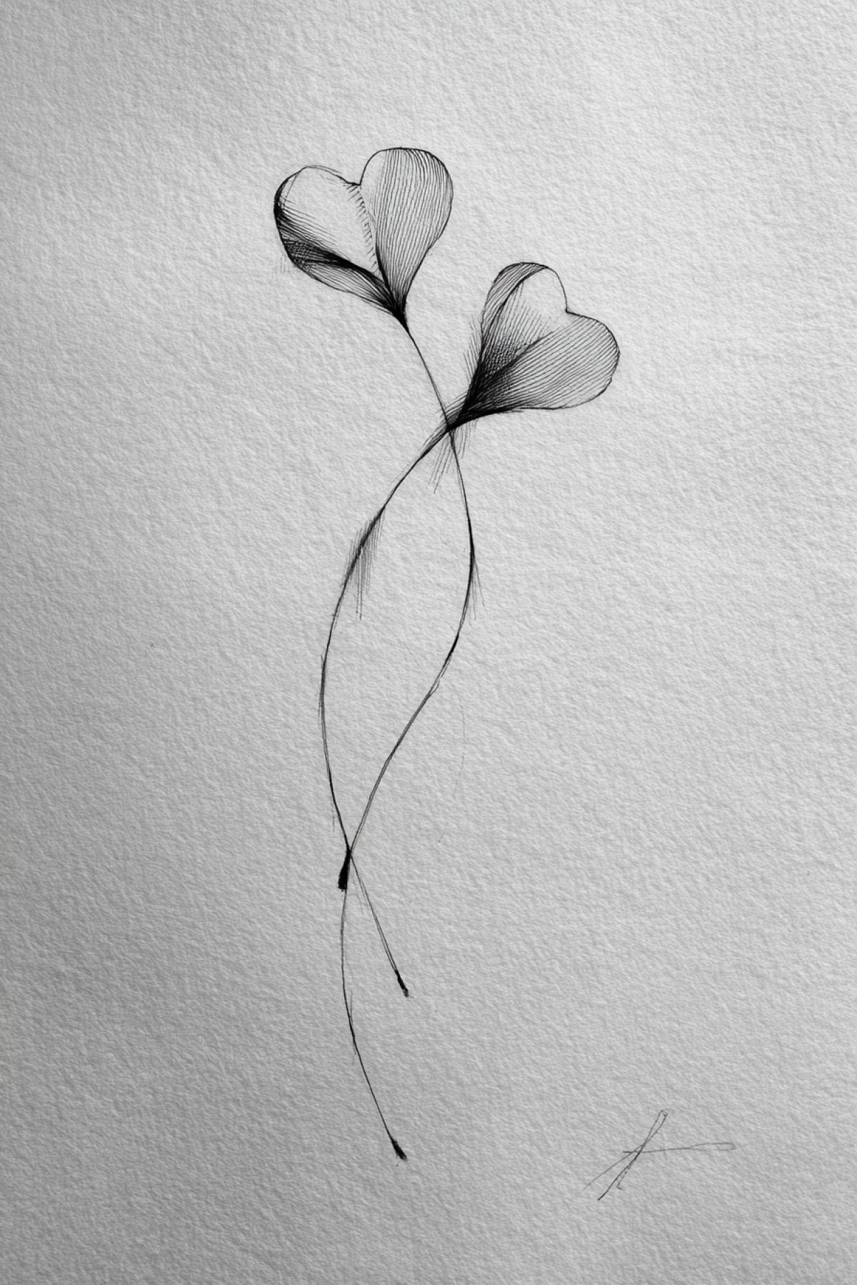 The minimalist drawing of two stems intertwined in the shape of a heart. Neither leaves nor flowers only contours (thickness 0.5 mm), intersecting at one point. The lower ends of the stems luxuryly touch, creating a negative space in the form of an arrow of the Cupid. Style: graphite pencil on rough watercolor paper, traces of hatching are visible. Neither signatures nor the background are pure emotion.