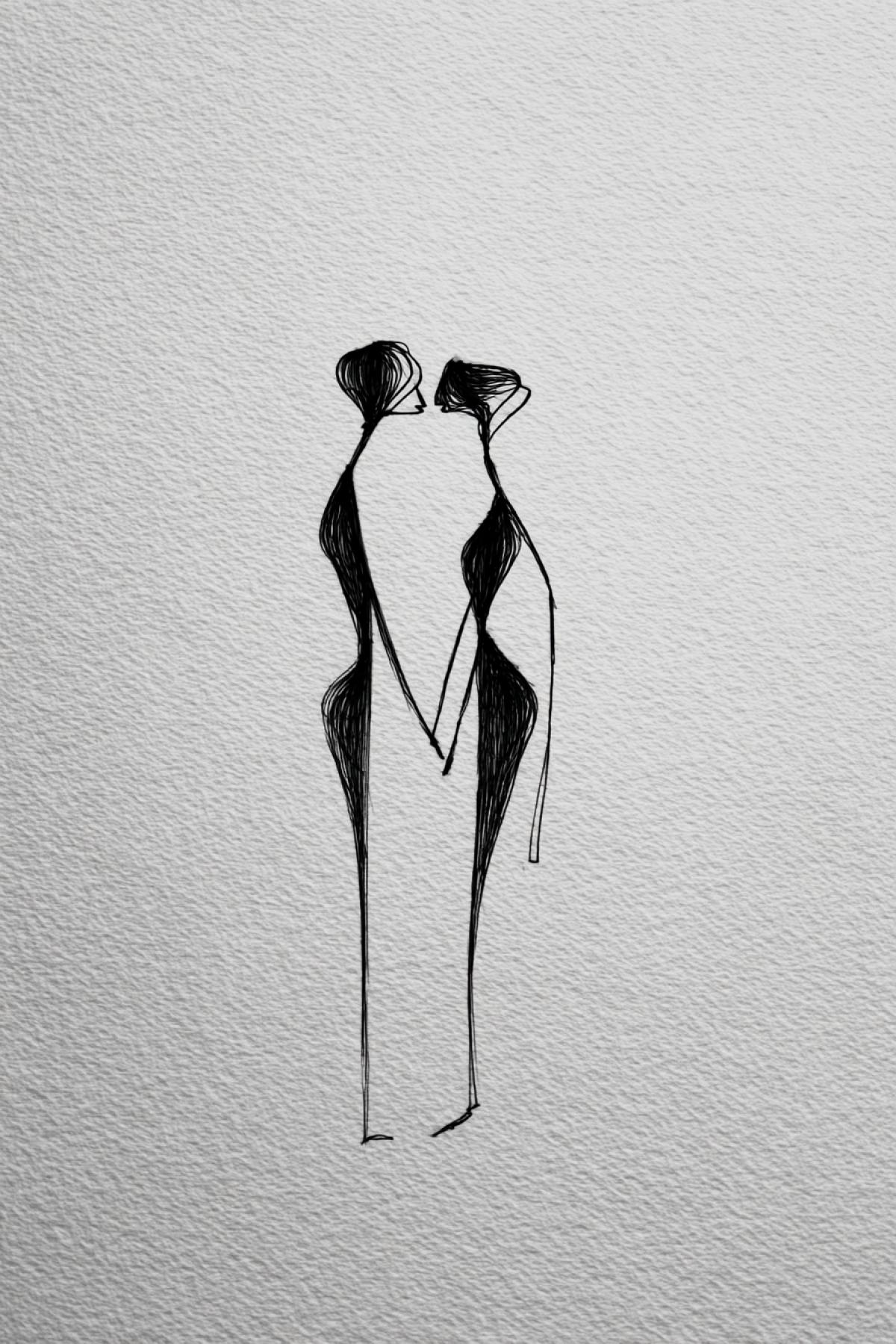 The minimalist drawing of one line: two figures holding hands made by a single continuous contour without separation. Only silhouettes, without faces and details. The thickness of the line varies from 0.3 to 0.8 mm, creating a feeling of depth. The empty space between their silhouettes forms a third, invisible character. Style: graphic linart, dark mascara on textured paper, a trace of the pen is visible.