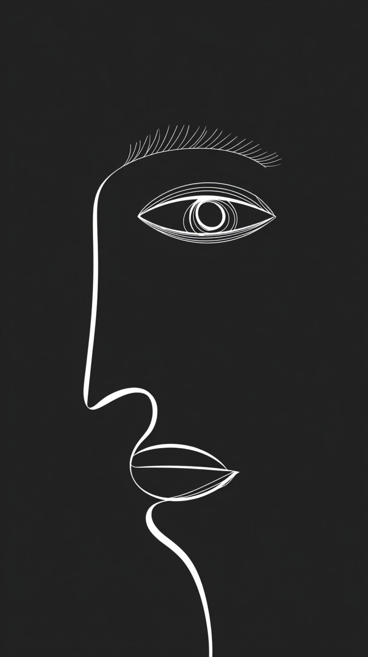 Minimalist abstract illustration in dark and white. with eyes, one line. The style is abstract minimalism, emphasizing simplicity, symmetry, and elegance, which are characteristic of modern minimalist linear art.