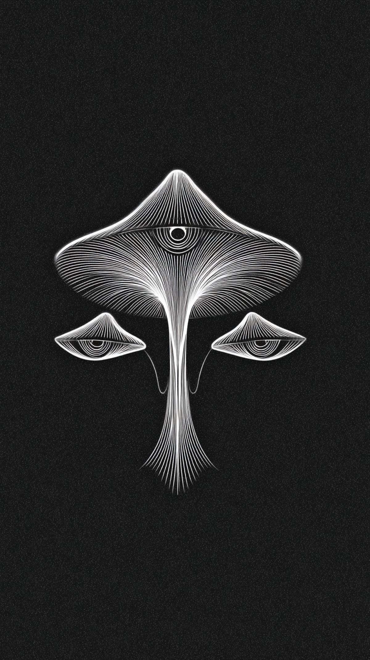 Minimalist abstract illustration in dark and white. trippy mushroom with eyes, one line. The style is abstract minimalism, emphasizing simplicity, symmetry, and elegance, which are characteristic of modern minimalist linear art.