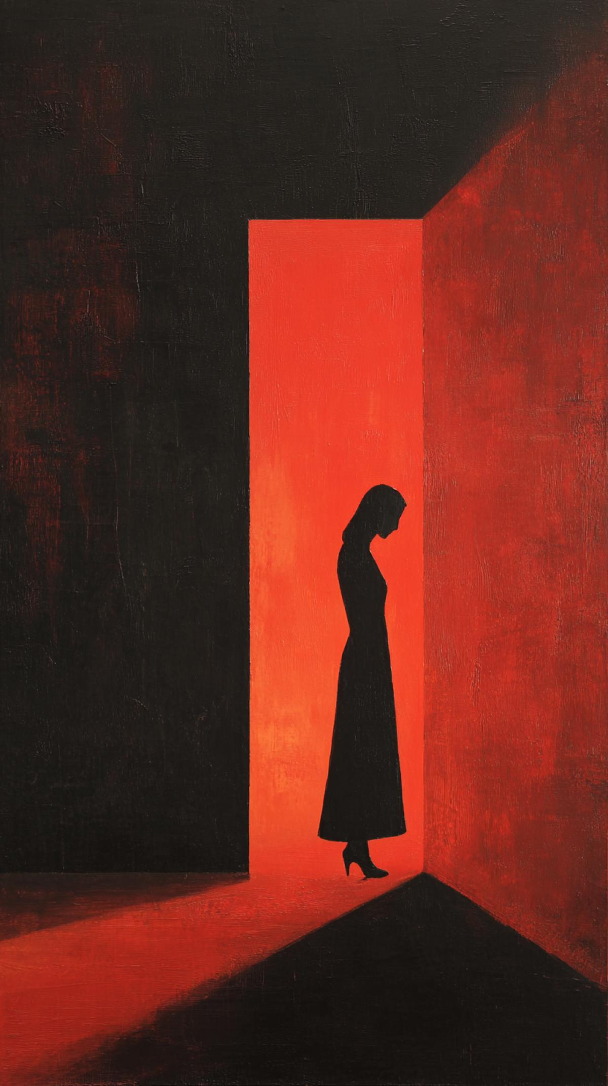 Minimalism in dark and red, a silhouette of a woman in a doorway, a painting
