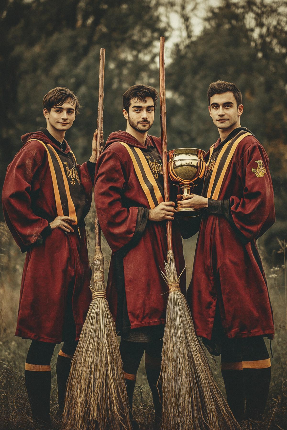 The best team in Quiddich after the match. Photo with Smalf and Cup. On the brooms. Retro style