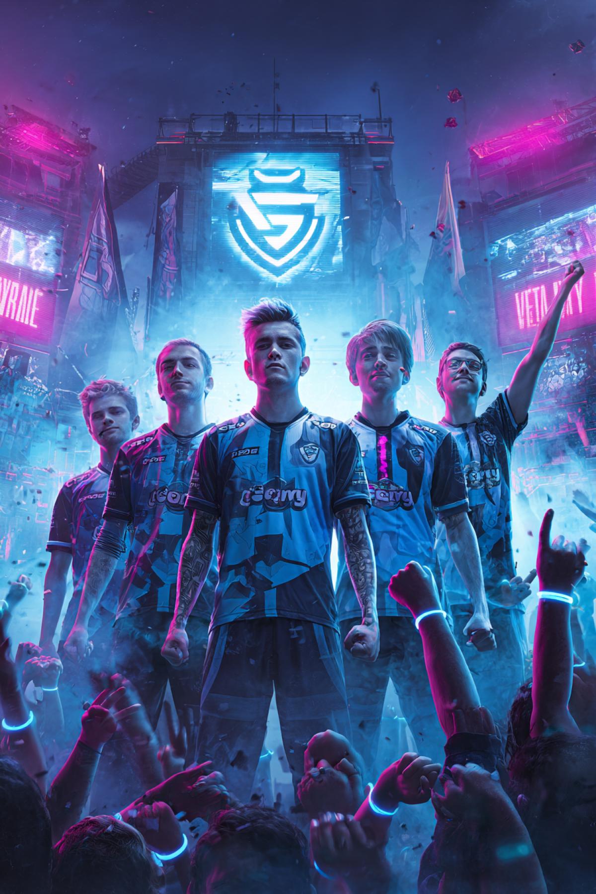 A photorealistic image of a team of esportsmen at the time of victory: five players in stylish gaming shirts with neon elements, their faces are lit by the blue light of monitors. In the background is a big screen with their logo and a crowd of fans with luminous bracelets. Filmed on Sony A7 IV with the effect of the side, sharpness on the emotions of the players. Style: Cyberpank-realism, saturated blue and purple tones.