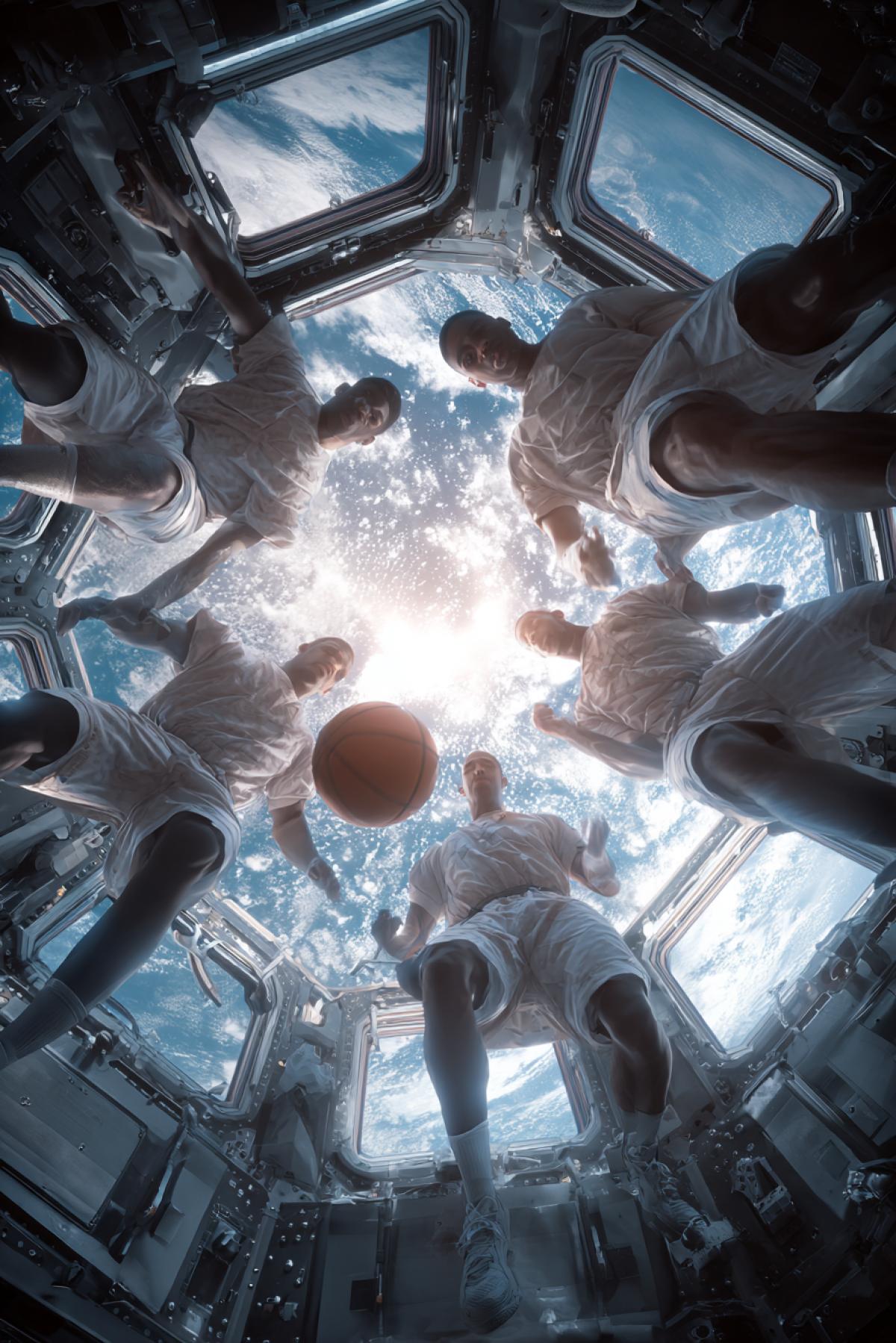 Professional photography of a team of six athletes playing basketball in zero gravity on board the space station. Players in overalls with backlight, the ball leaves a luminous trace. The earth is visible in the portholes. Filmed with long exposure to emphasize the movement. Style: Scientific and Fantastic Realism, HDR
