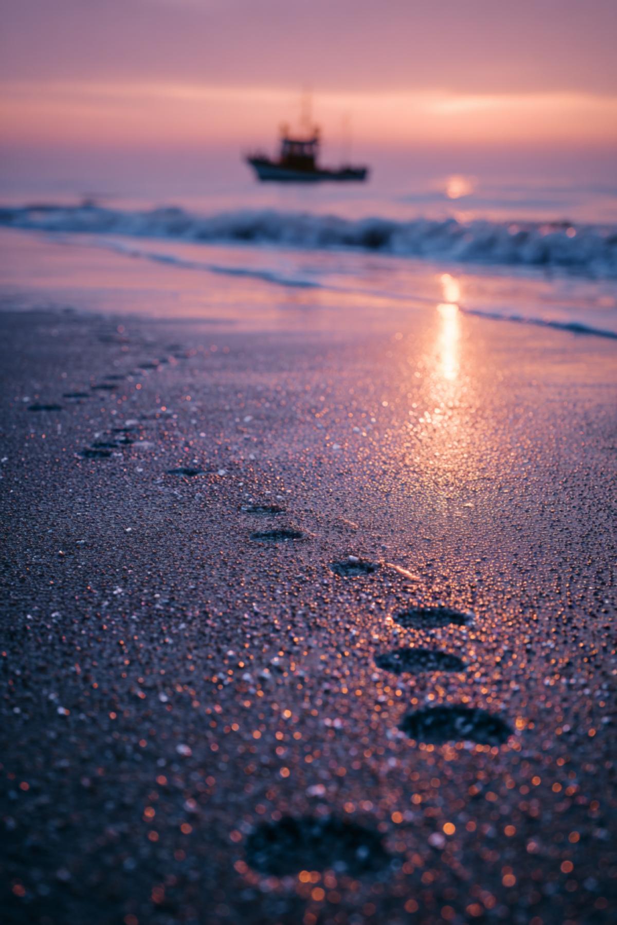 Dawn on a deserted beach: wet sand reflects the first rays of the sun, creating a mirror surface. In the foreground are perfectly round traces of crab leading to water. In the distance is a lonely boat. Filmed on Sony A7R V with a macro lens (details of droplets on the sand). Style: Meditative minimalism, pastel colors