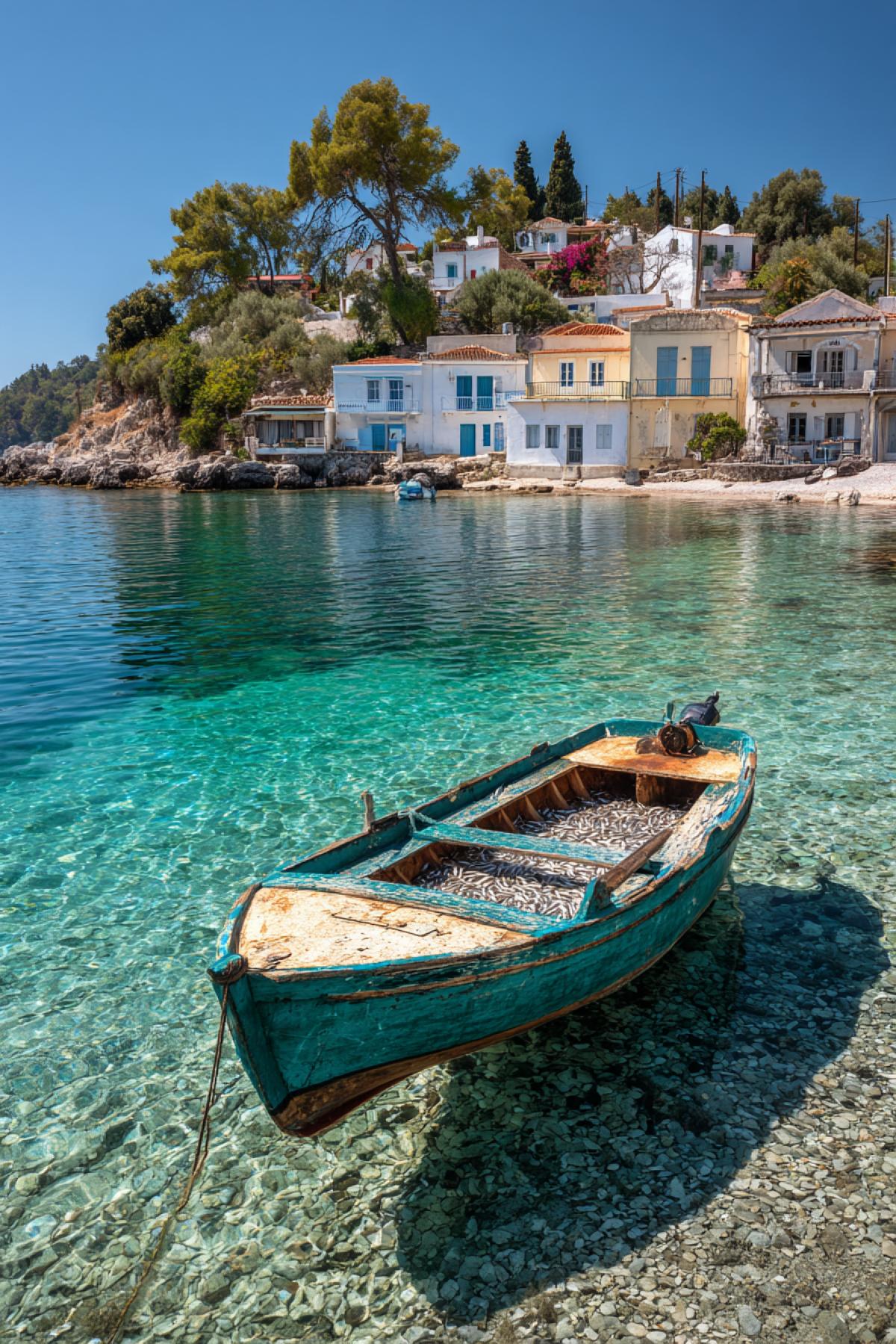 Sunny noon in a quiet Greek bay: turquoise water with a perfectly visible rocky bottom, snowwhite houses with blue shutters on the hillside. In the foreground is a wooden fishing boat with faded blue paint, in it is a network with just caught silver fish. Filmed on Fujifilm GFX 100s with a matte filter for soft glare, the depth of sharpness from sand at the bottom to olive trees on the hill. Style: juicy resort realism with film texture
