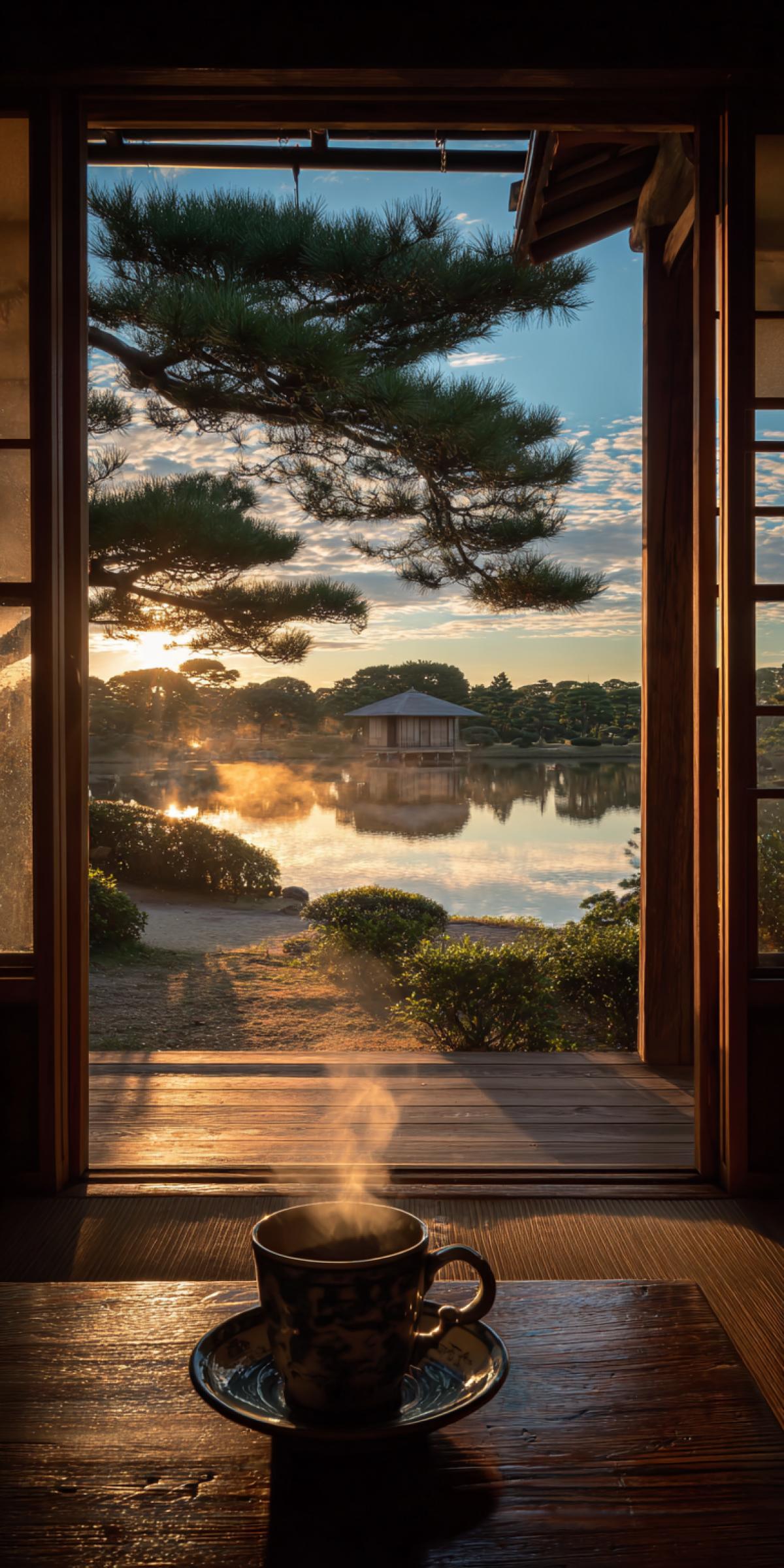 A steaming hot Cup on the table, with a view of an open-air bathhouse and sunset in Japan. The photo is taken from inside a house in the style of photographer James Balog. It features a peaceful lake outside the window, with pine trees adding to its beauty. This scene embodies Japanese style photography, featuring a wide-angle lens, ultra-high definition resolution, and a golden hour lighting effect.