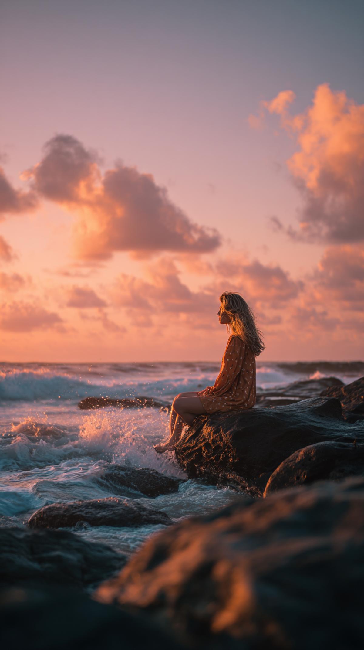 The atmosphere of the seashore. Imagine a moment on the seashore: a light breeze plays with your hair, the air is filled with the salty scent of the waves, and the warm rays of the setting sun paint the sky in delicate shades of pink and orange. The challenge is to capture the environment around you in an image, a photo from the nat geo wild magazine, high resolution, and high quality