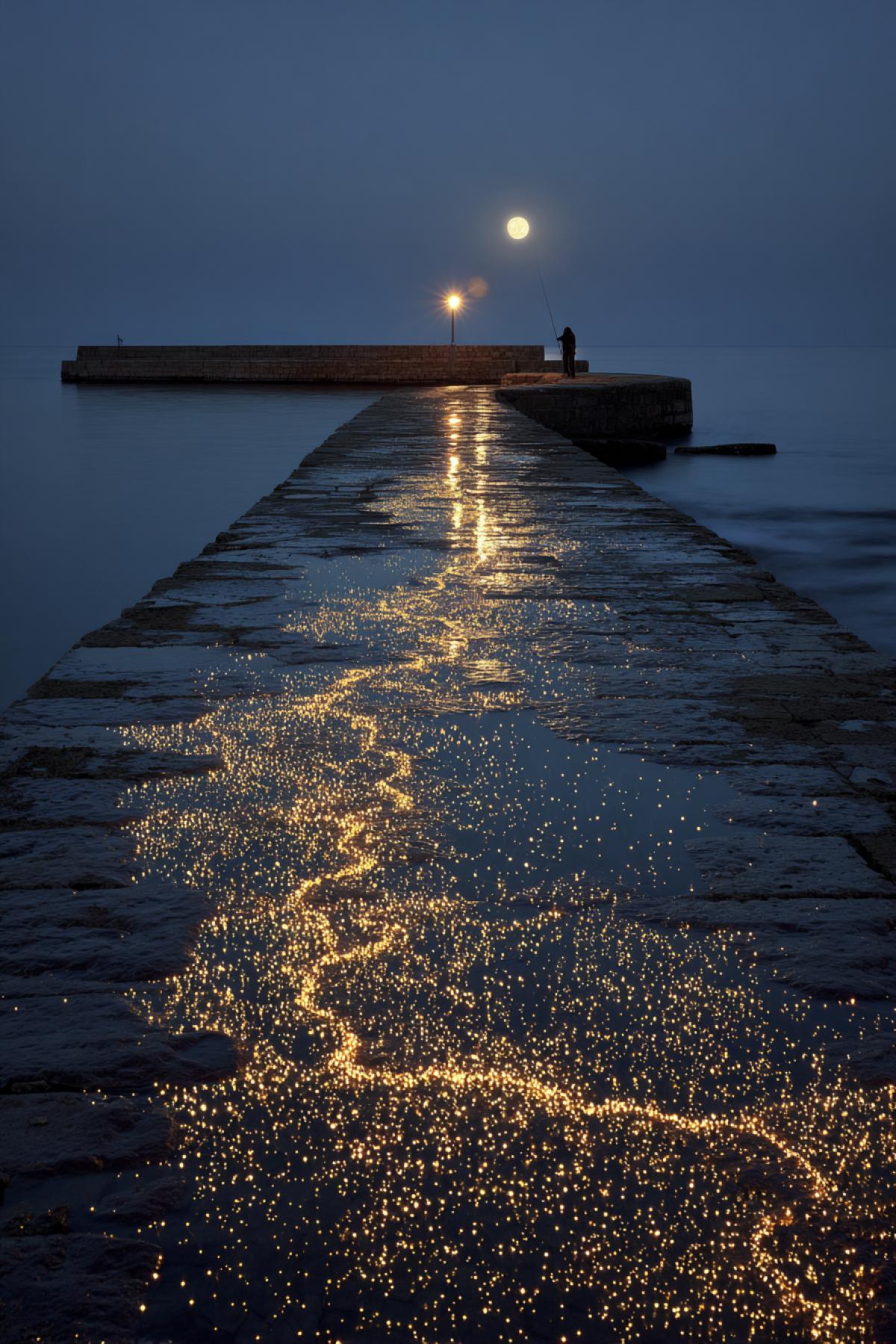 Surrealistically detailed night photography: the full moon is reflected in the absolutely calm sea, creating an ideal gold track from the horizon to the old stone pier. On the pier there is a lone fisherman with a lantern, whose light repeats the lunar glow. In the water at the feet of the pier, thousands of luminous plankton flashes are visible. Removed on Hasselblad H6D-400C MS with 30-second exposure, ISO 1600, 150MM telephotoration. Style: Magical Realism with scientific accuracy