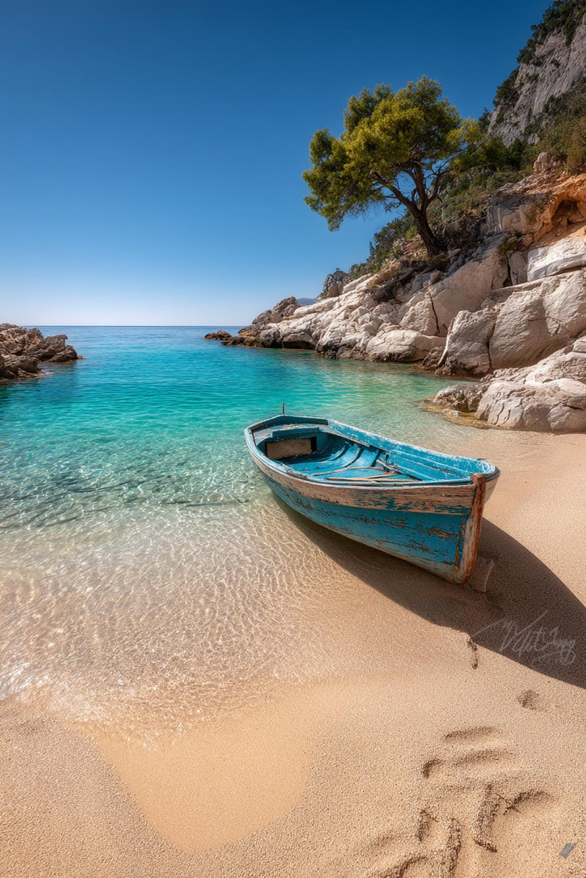 A photorealistic picture of a secluded Mediterranean beach at noon. Smooth turquoise water, turning into a deep sapphire color at a depth, reflects a rocky shore with olive trees. In the foreground is a perfectly smooth wet sand with clockwork traces. In the distance is a lonely wooden boat with faded blue paint. Filmed on Hasselblad H6D-400C with a polarization filter, f/11. Style: meditative hyperrealism, colorful but natural