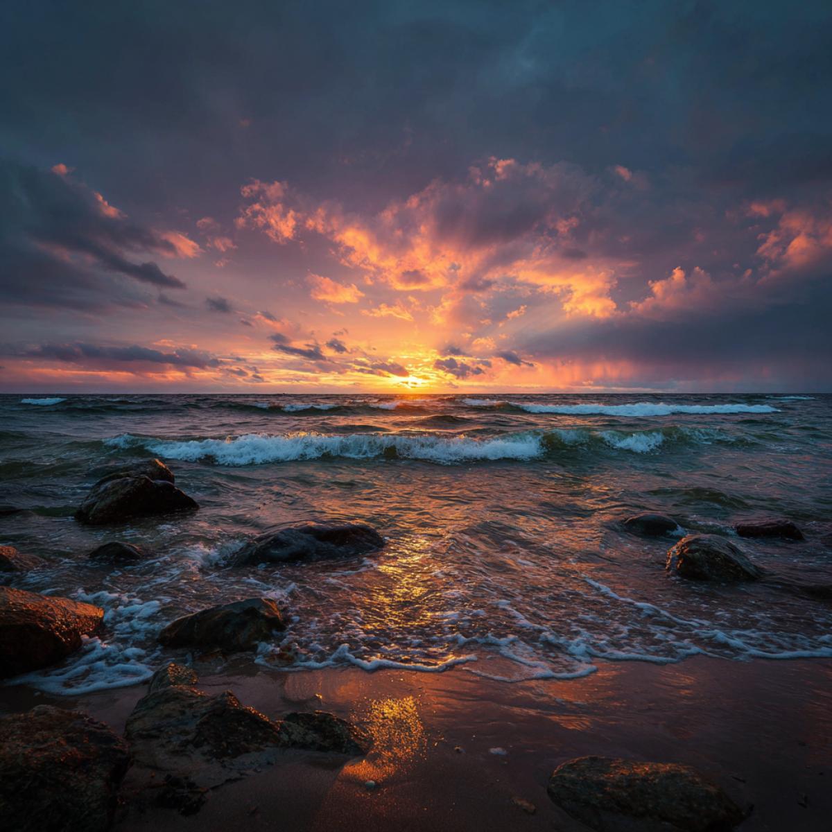 Atmospheric coast of the sea in the rays of the setting sun